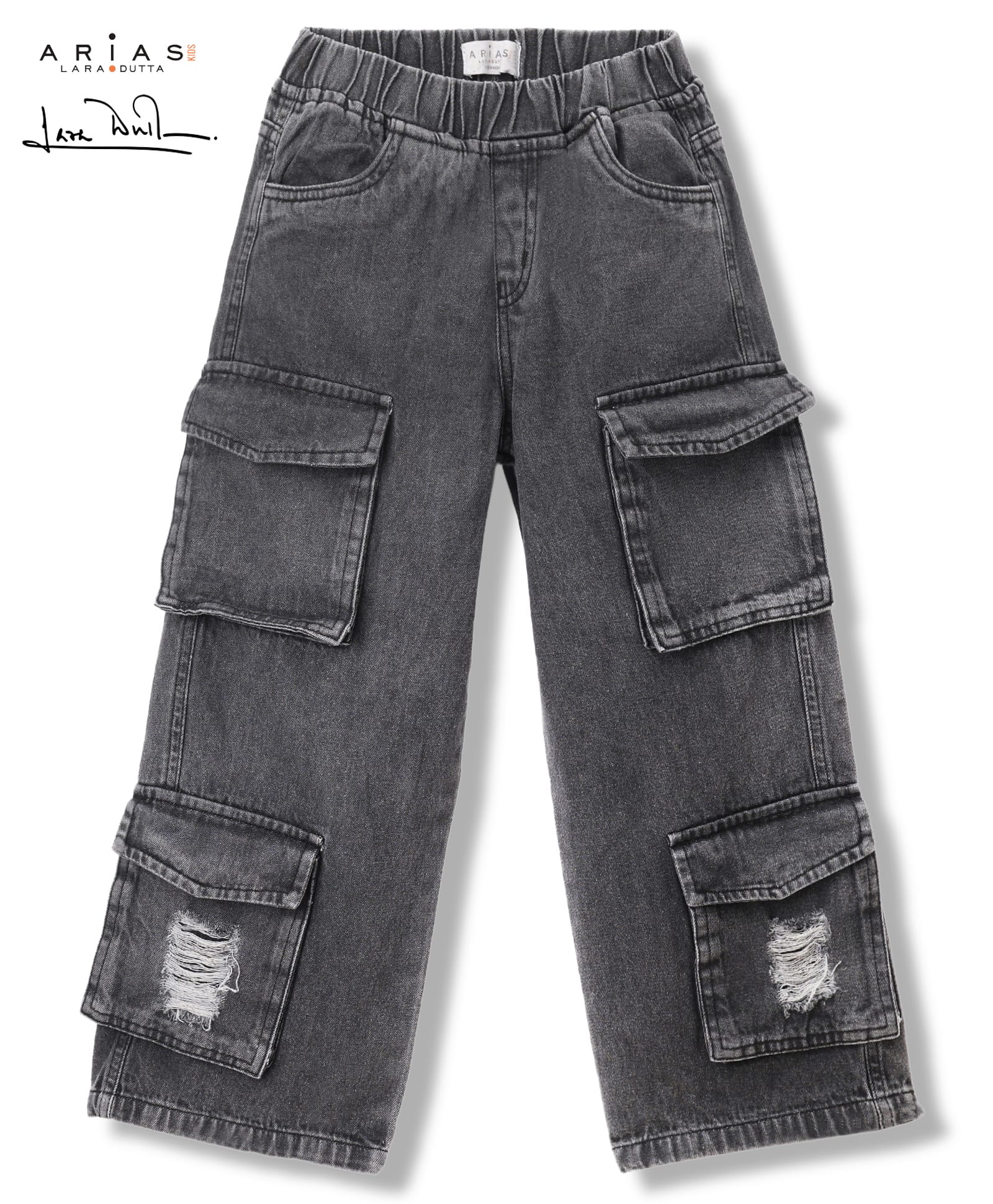 Arias Cotton Woven Full Length Wide Leg Ripped Jeans With Cargo Pocket - Black-image-28