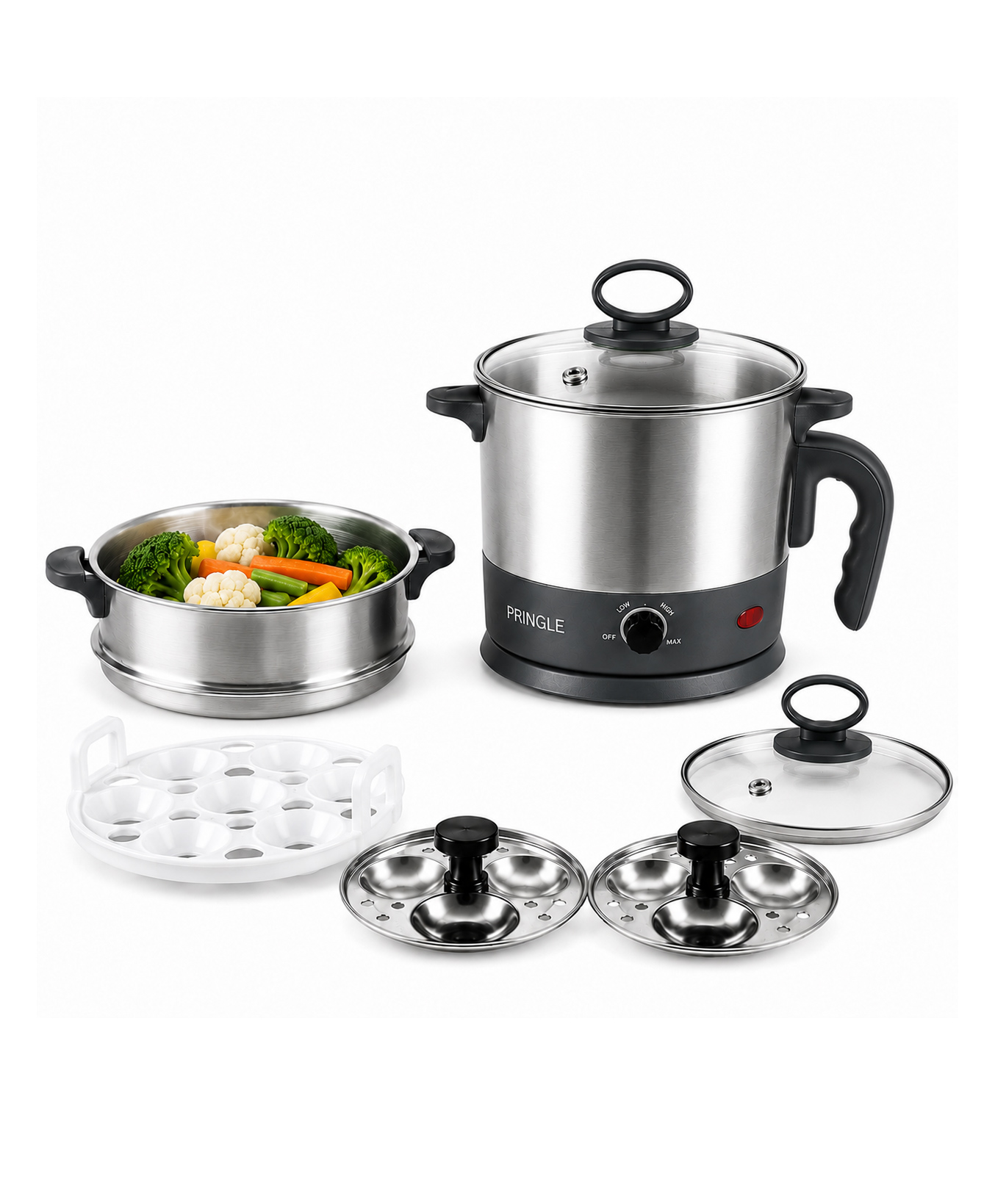 Pringle 1.5L MultiChef Multi Kettle 3-in-1 Multipurpose Cooker | Egg Boiler, Steamer & Idli Maker | SS Stand | 1350W | 360° Rotating Base | 1 Yr Onsite Warranty | Silver-image-2