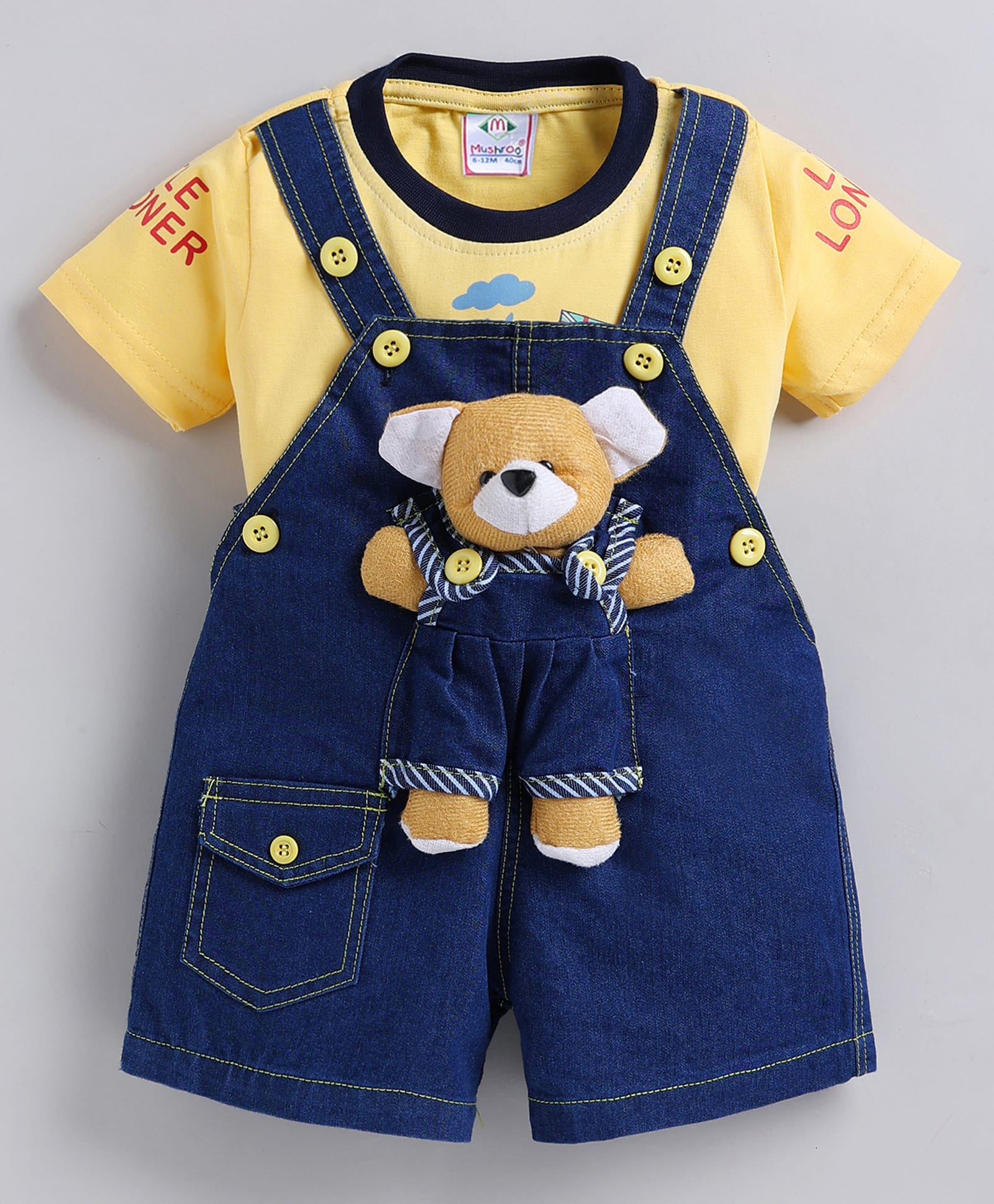 MUSHROO Denim Knit Teddy Bear Applique Detailed Dungaree With Half Sleeves Bus Printed Tee - Yellow-picture-17