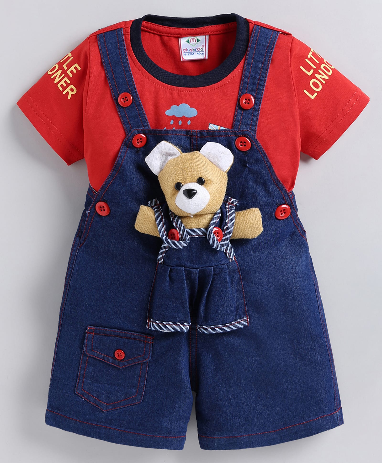 MUSHROO Denim Knit Teddy Bear Applique Detailed Dungaree With Half Sleeves Bus Printed Tee - Red-picture-28