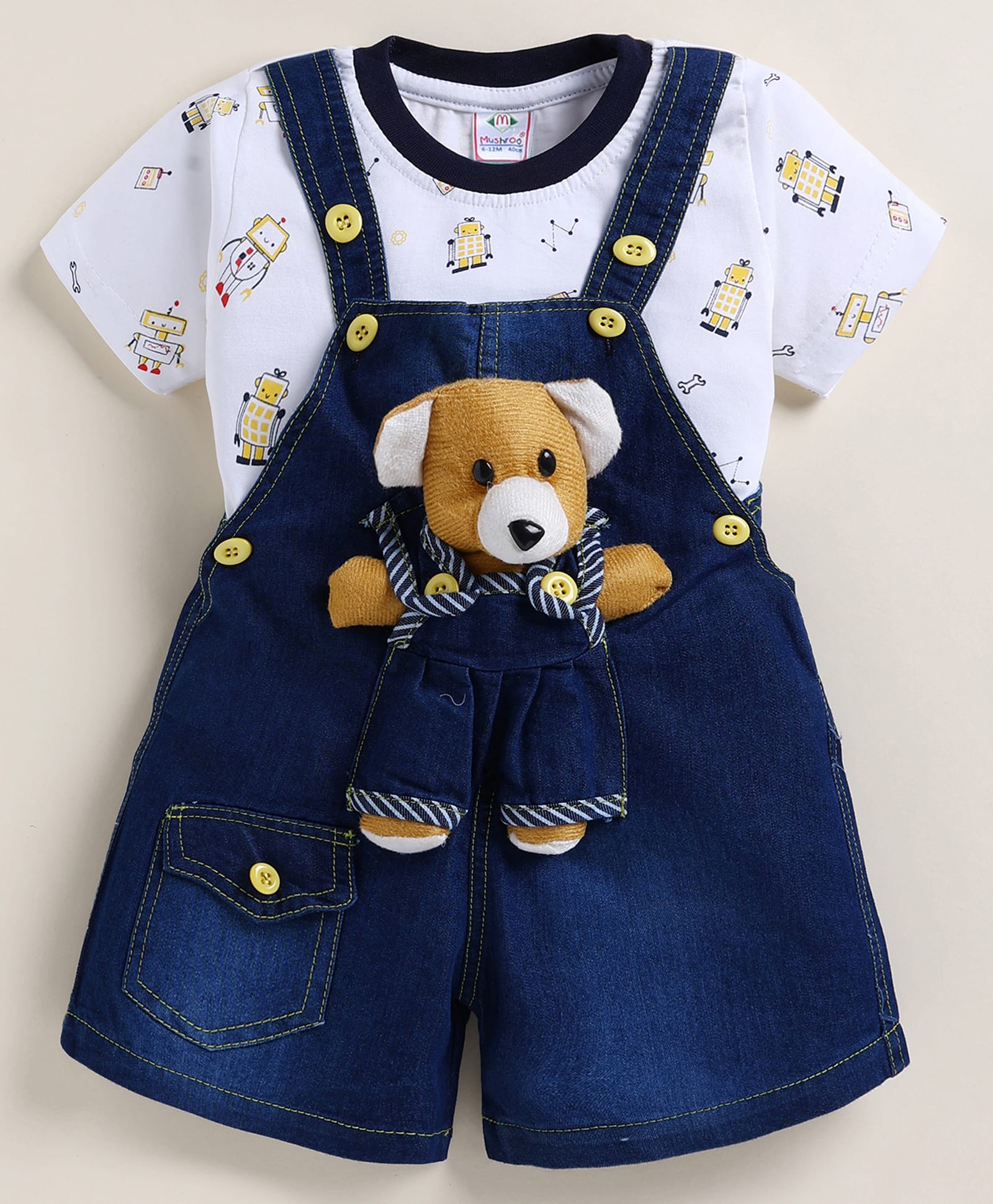 MUSHROO Denim Knit Teddy Bear Applique Detailed Dungaree With Half Sleeves Robots Printed Tee - Yellow-picture-27