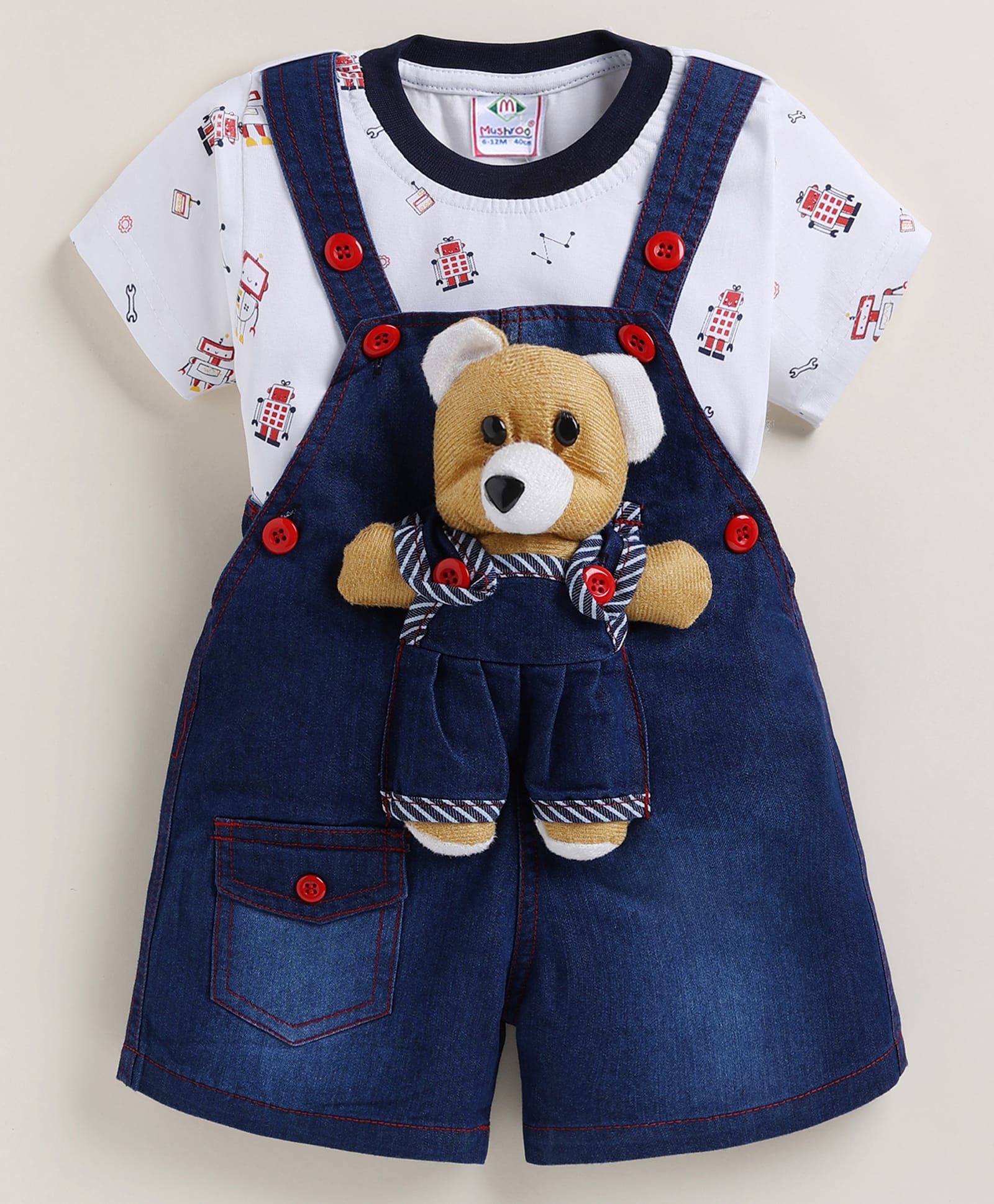 MUSHROO Denim Knit Teddy Bear Applique Detailed Dungaree With Half Sleeves Robots Printed Tee - Red-picture-26