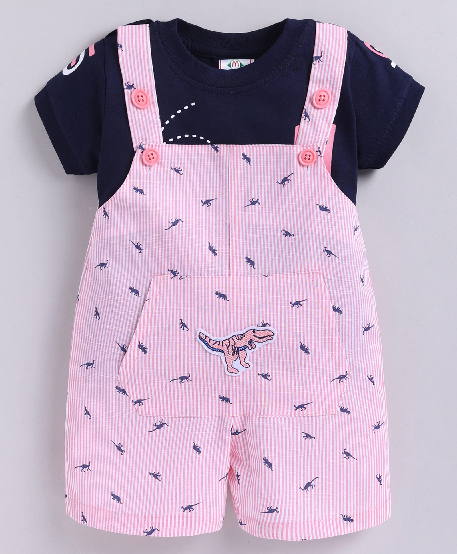 MUSHROO Textile Knit Dinosaur Applique Detailed Dungaree With Half Sleeves Teddy Bear Printed Tee - Pink-image-44