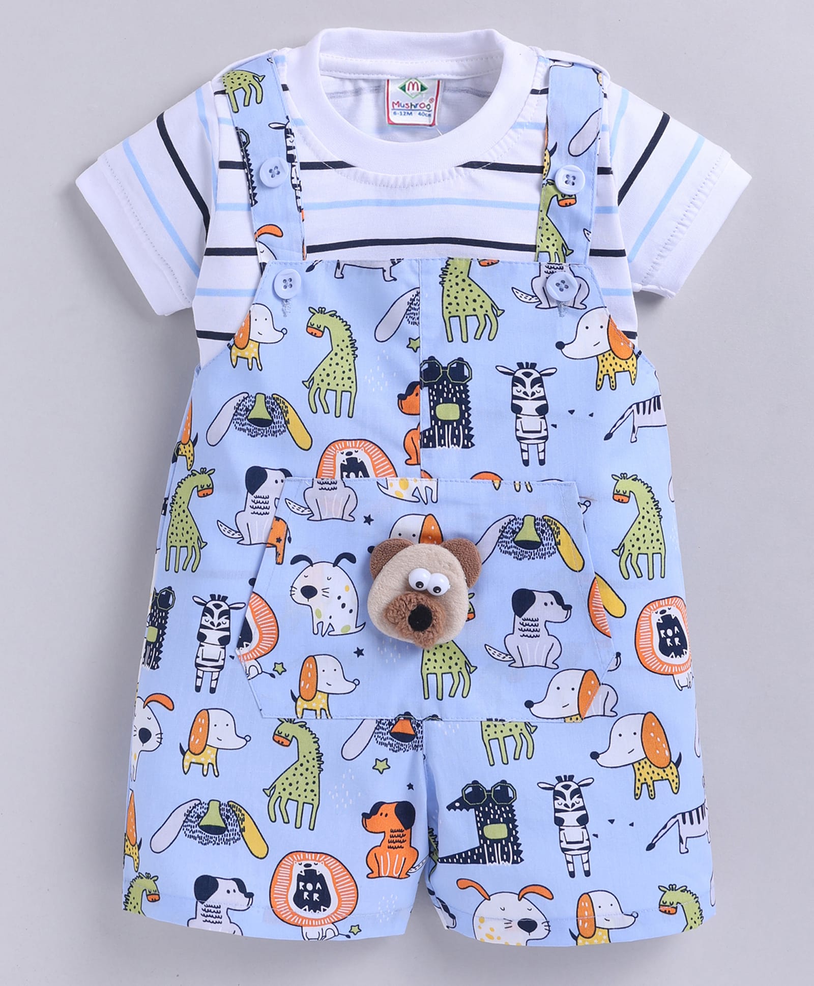 MUSHROO Textile Knit Animals Printed Dungaree With Half Sleeves Tee - Sky Blue-picture-42