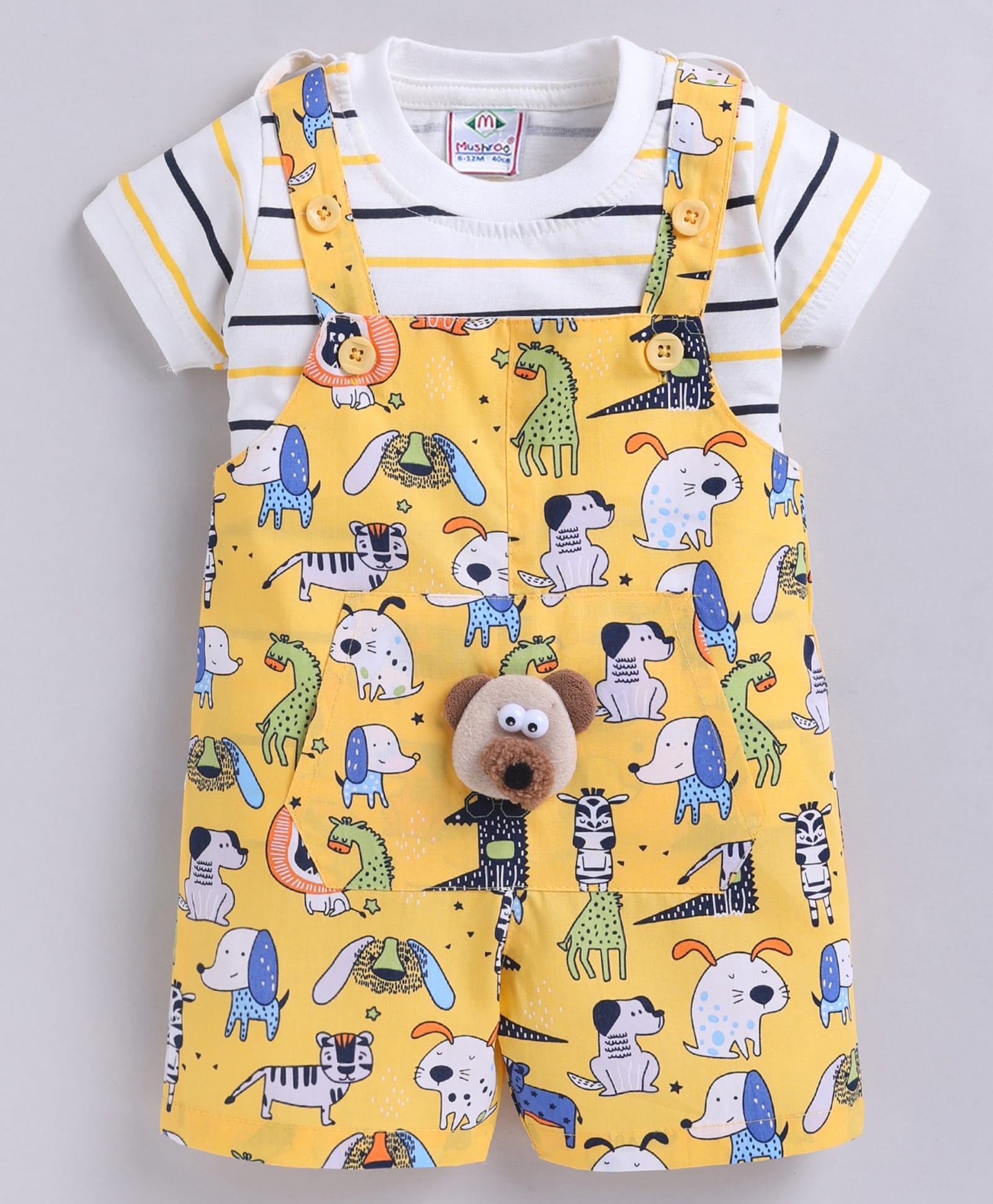 MUSHROO Textile Knit Animals Printed Dungaree With Half Sleeves Tee - Yellow-picture-20