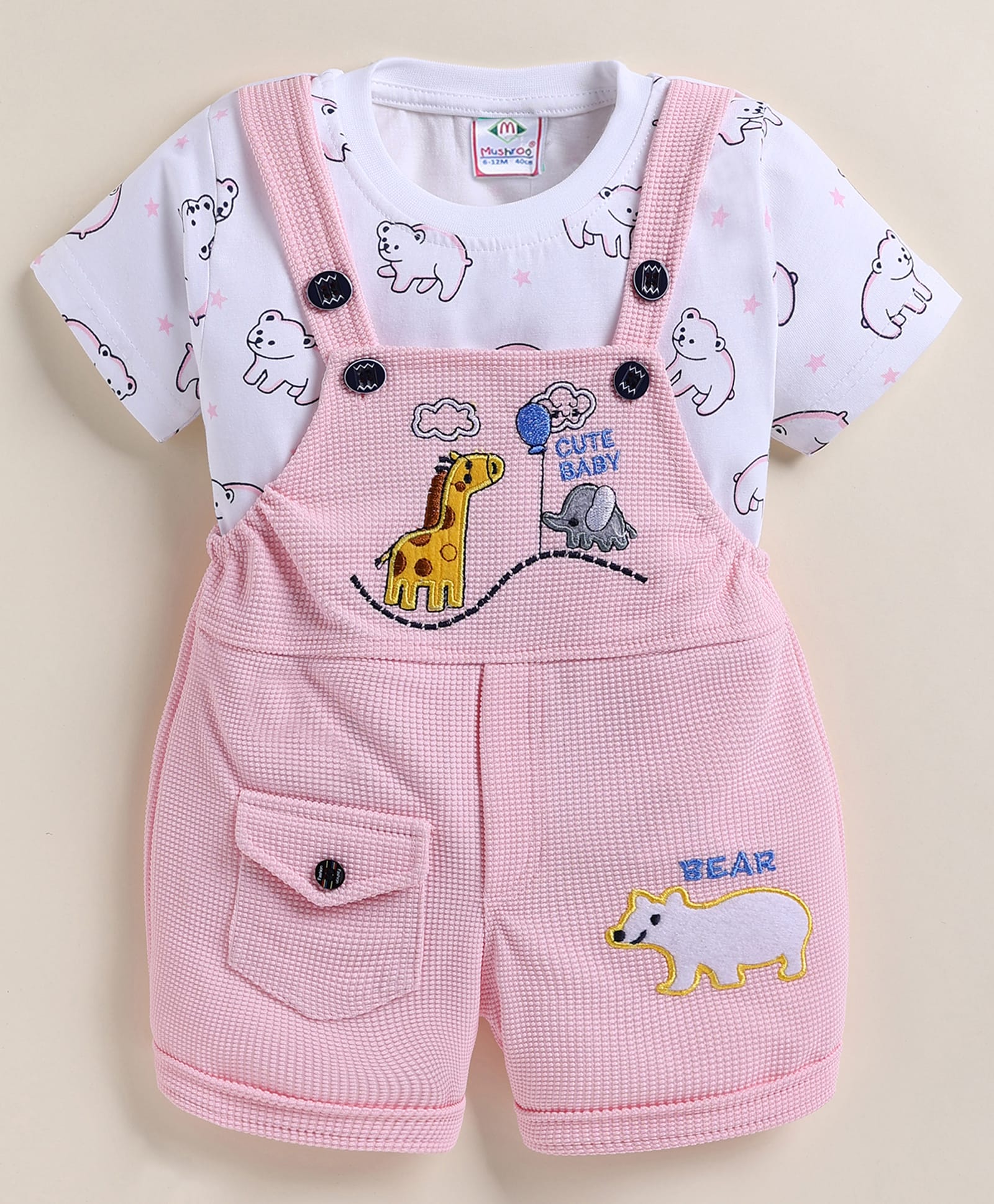 MUSHROO Knitted Knit Animals Embroidered Dungaree With Half Sleeves Tee - Pink-picture-31