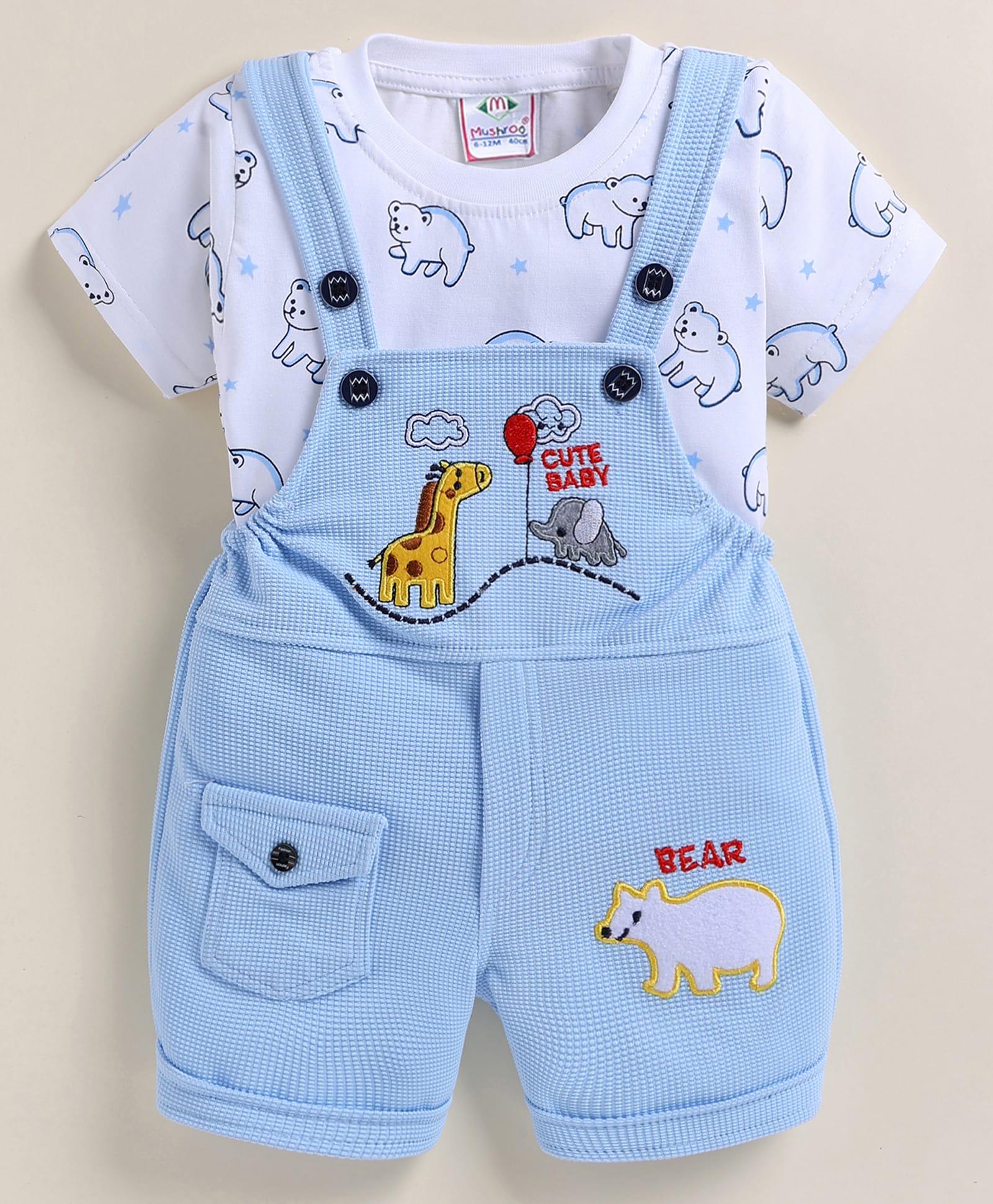 MUSHROO Knitted Knit Animals Embroidered Dungaree With Half Sleeves Tee - Sky Blue-image-35