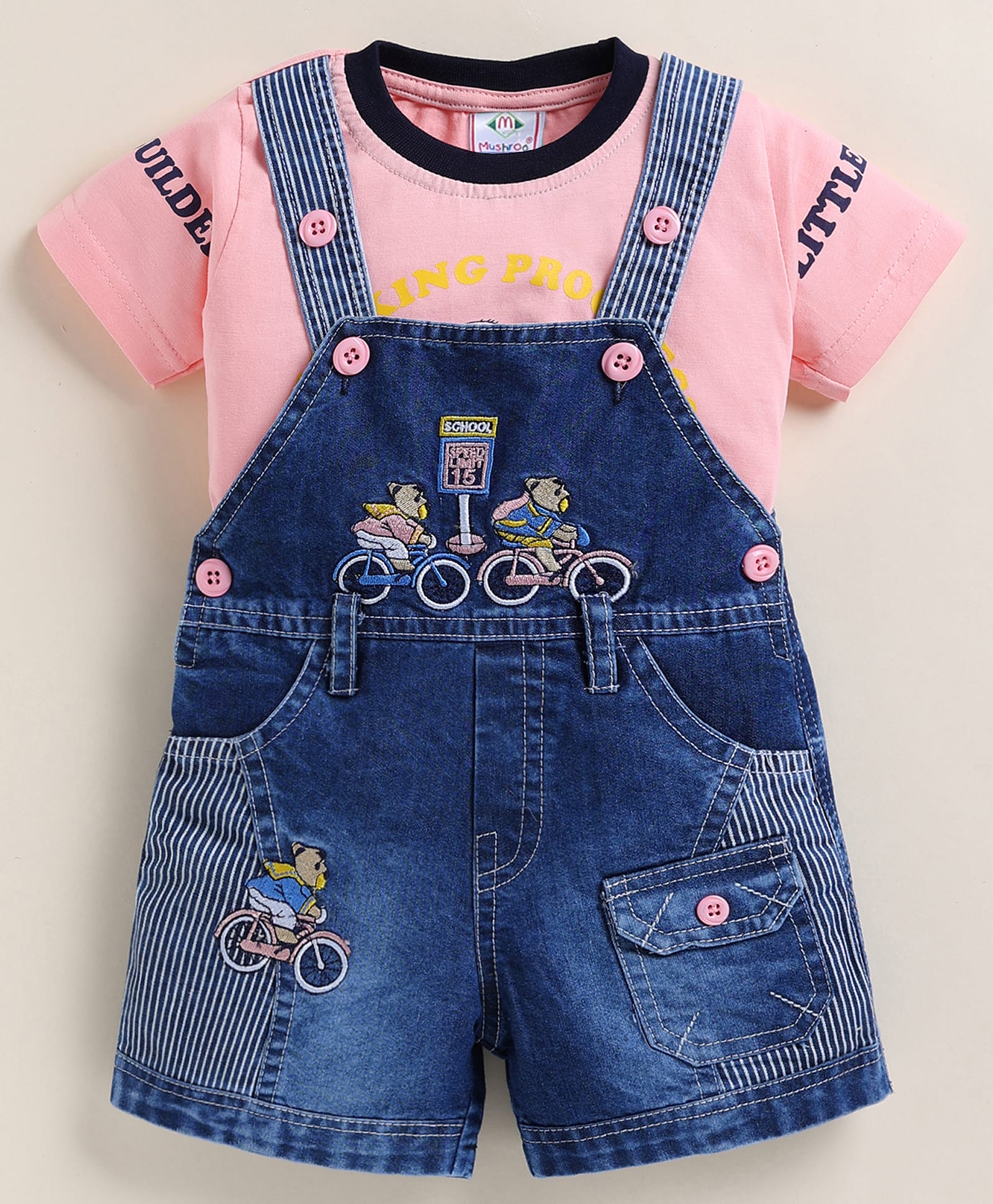 MUSHROO Denim Knit Bear Embroidered Dungaree With Half Sleeves Tee - Pink-picture-11