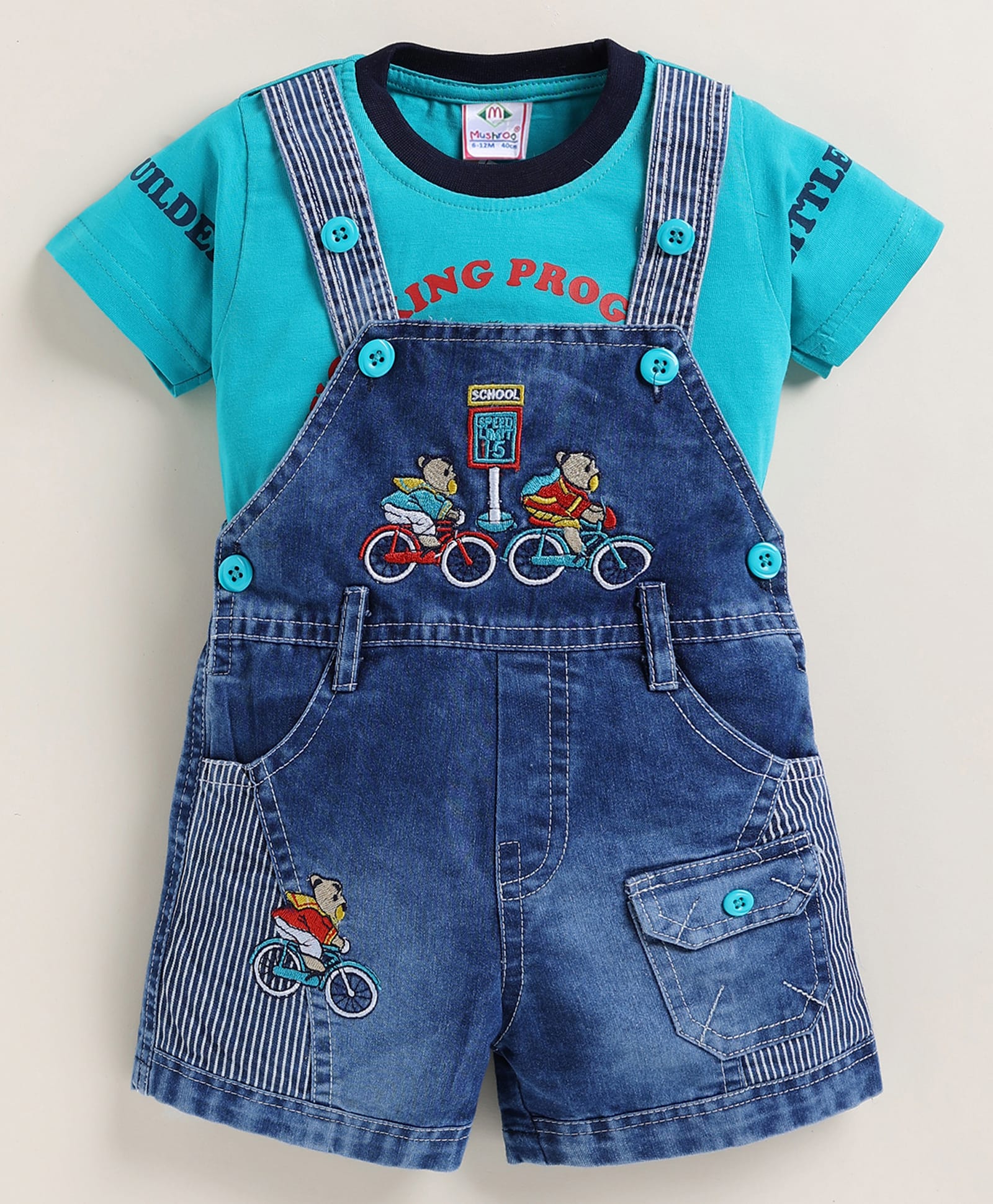MUSHROO Denim Knit Bear Embroidered Dungaree With Half Sleeves Tee - Rama Green-picture-16
