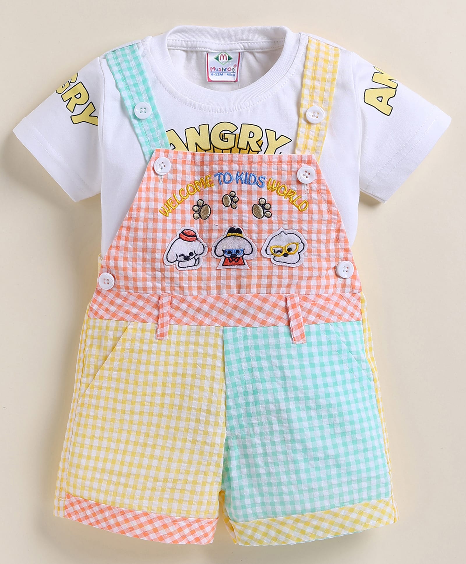 MUSHROO Textile Knit Half Sleeve Checked Dungaree With Tee - Yellow-picture-19