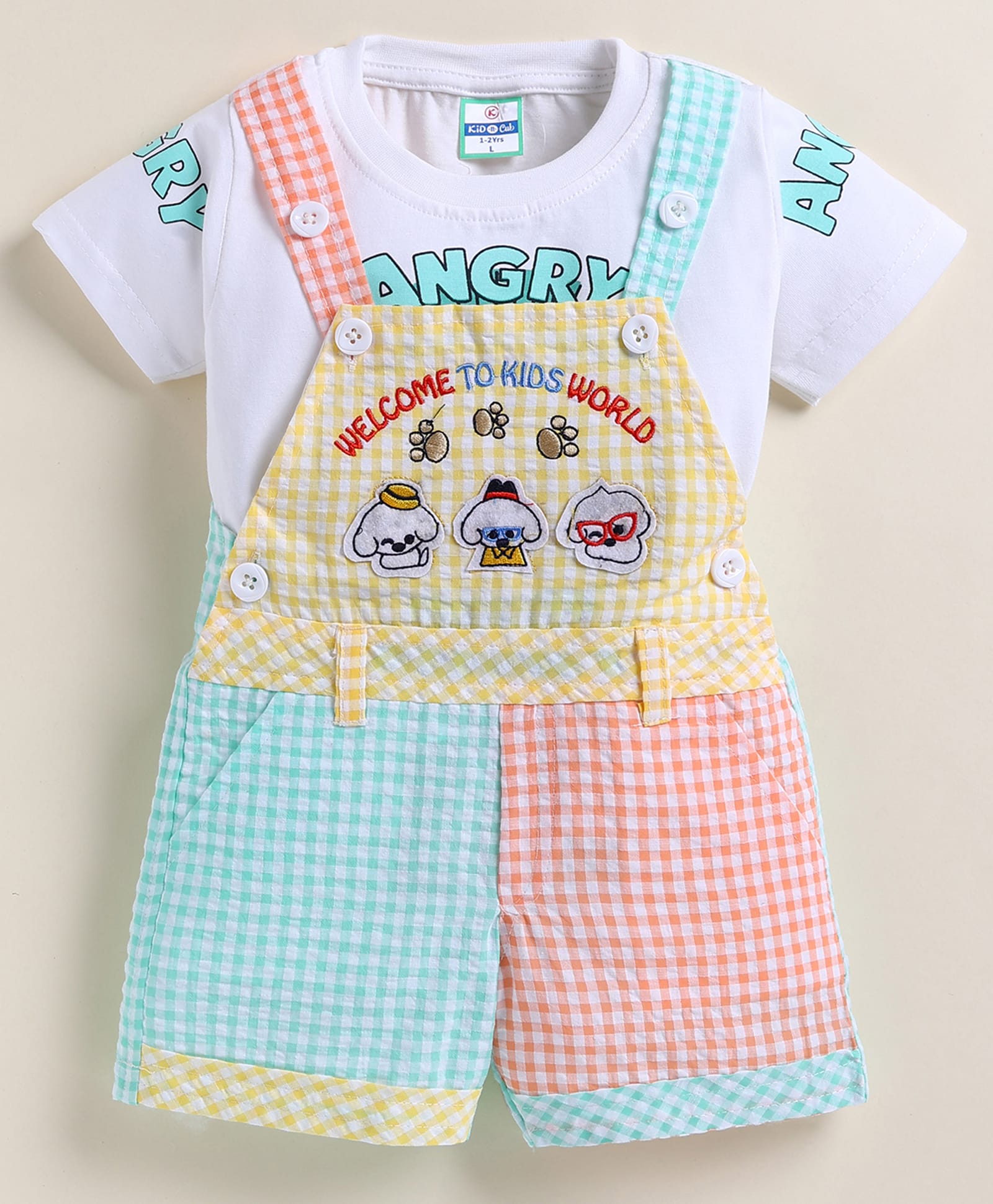 MUSHROO Textile Knit Half Sleeve Checked Dungaree With Tee - Green-picture-27