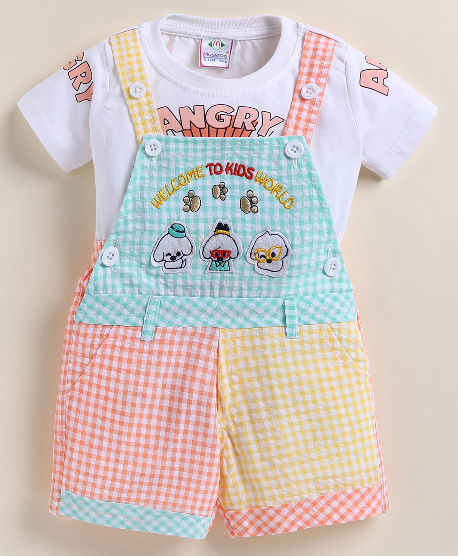 MUSHROO Textile Knit Half Sleeve Checked Dungaree With Tee - Orange-picture-12