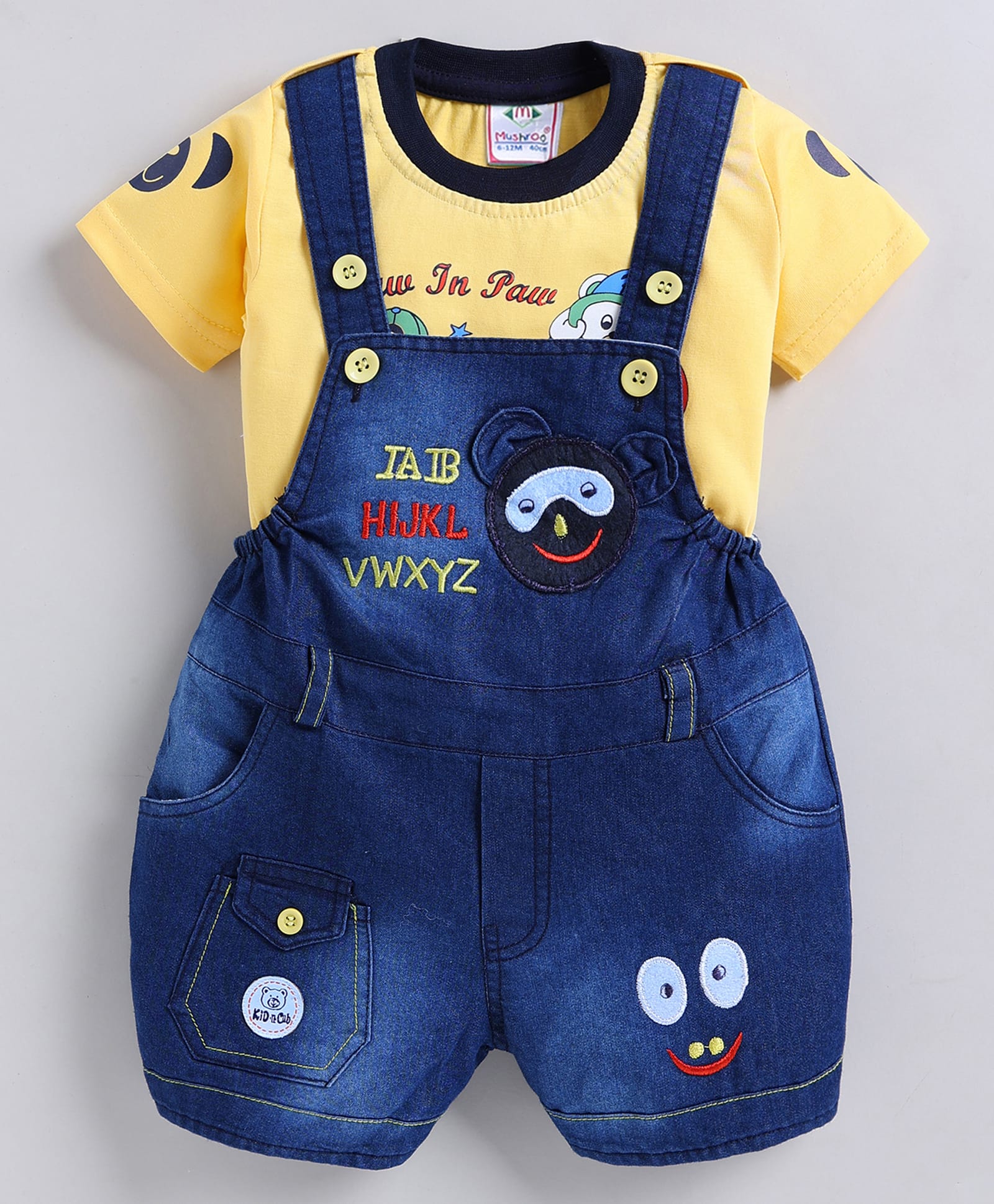 MUSHROO Denim Knit Bear Embroidered Dungaree With Half Sleeves Tee - Yellow-image-30