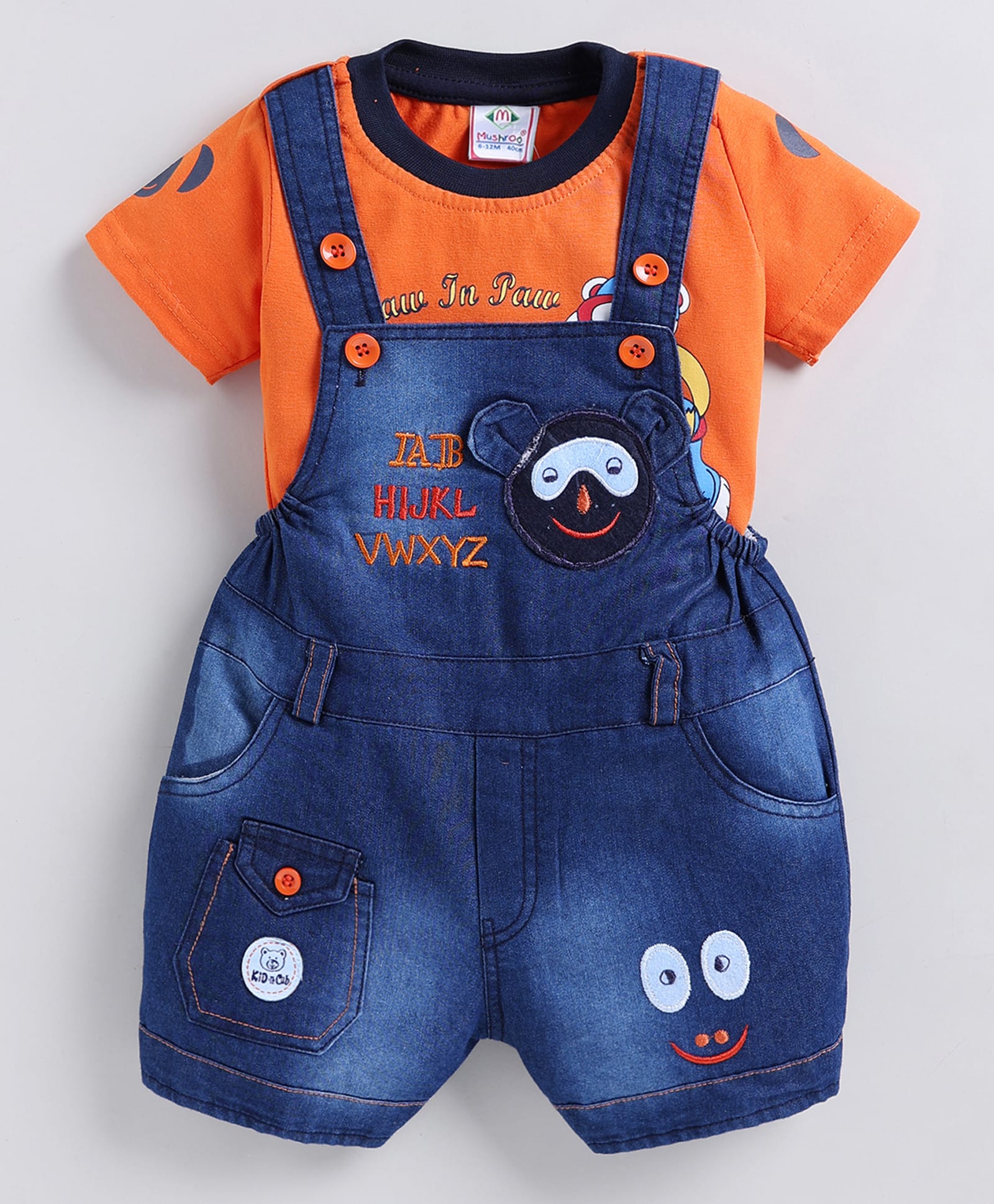 MUSHROO Denim Knit Bear Embroidered Dungaree With Half Sleeves Tee - Orange-picture-23