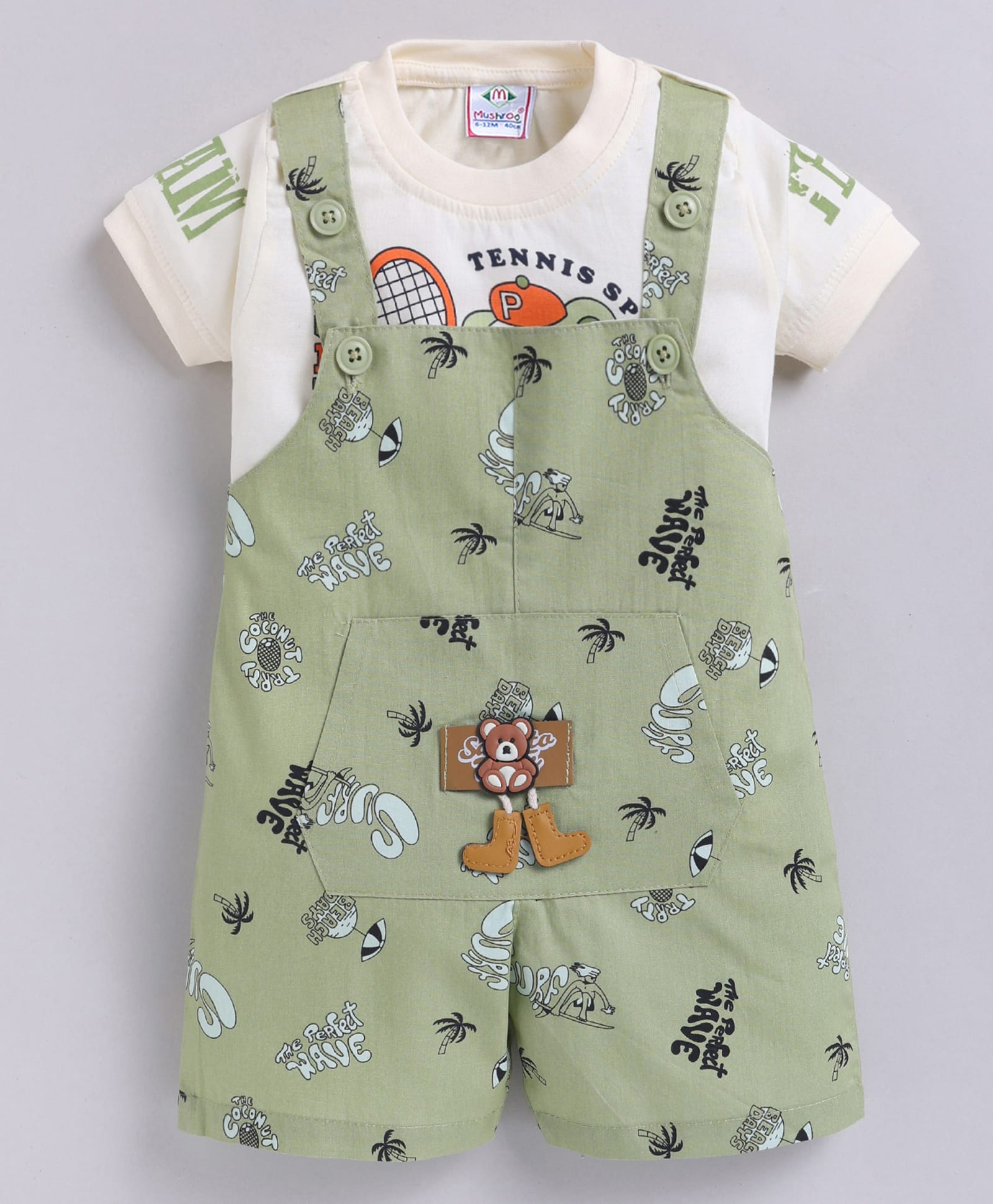MUSHROO Textile Knit Half Sleeves Tee & Beach Theme Printed Dungarees - Green-picture-21