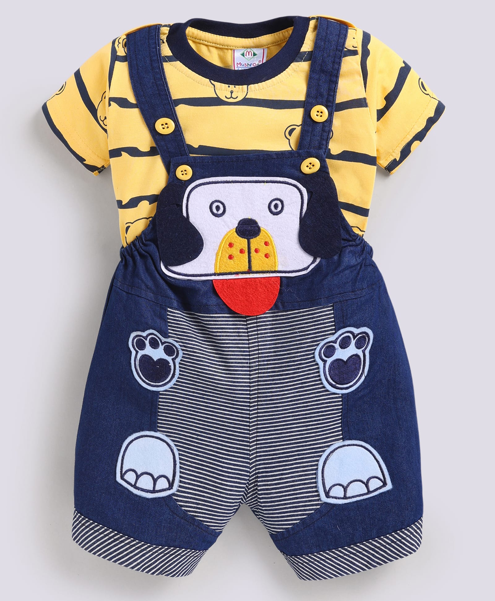 MUSHROO Denim Knit Half Sleeves Tee & Dog Patch Dungarees - Yellow-picture-14