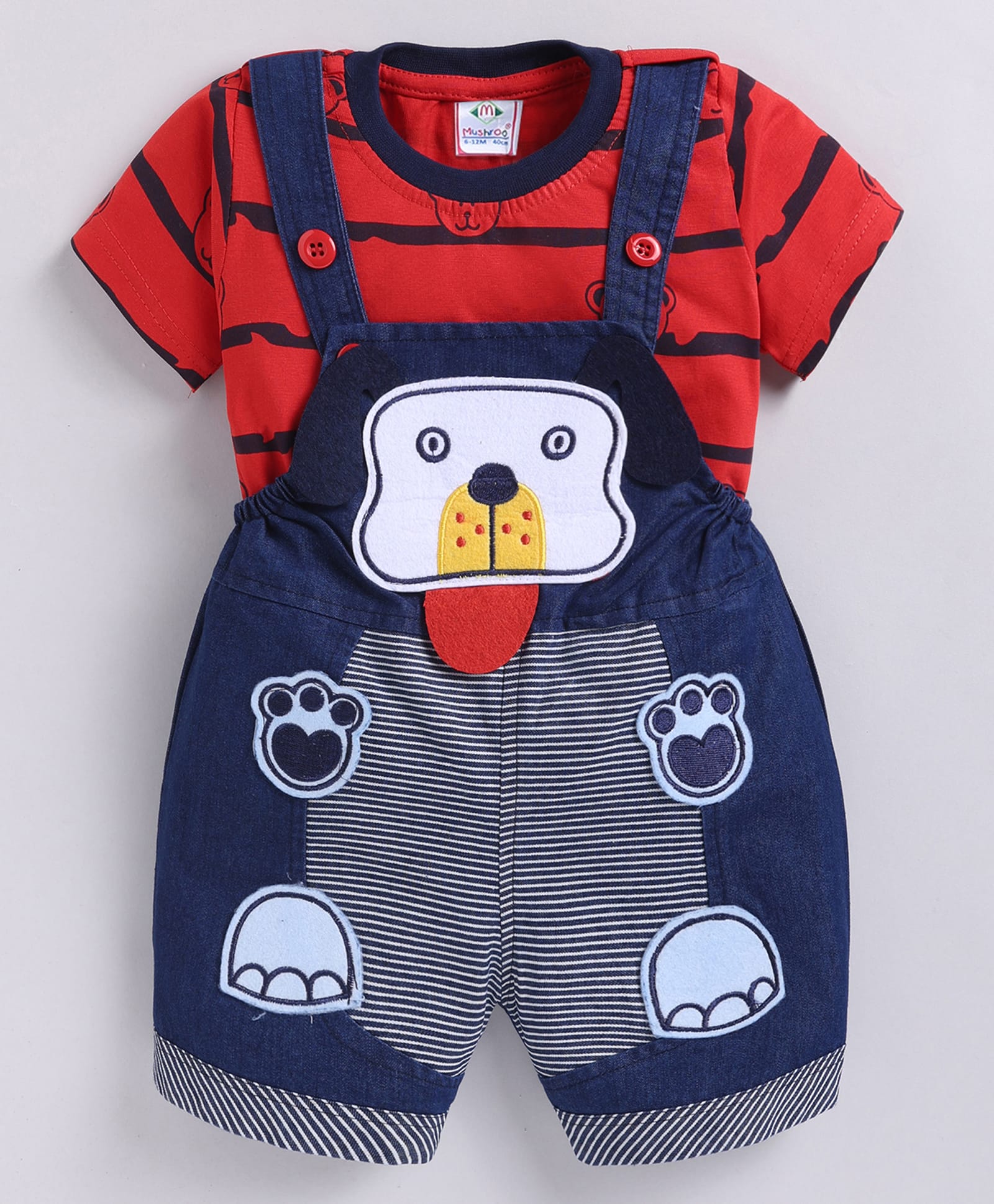 MUSHROO Denim Knit Half Sleeves Tee & Dog Patch Dungarees - Red-image-36