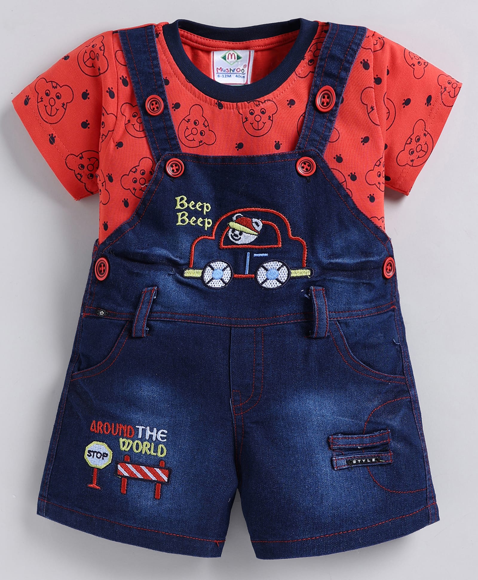 MUSHROO Denim Knit Half Sleeves Tee & Bear Embroidered Dungarees - Red-image-35