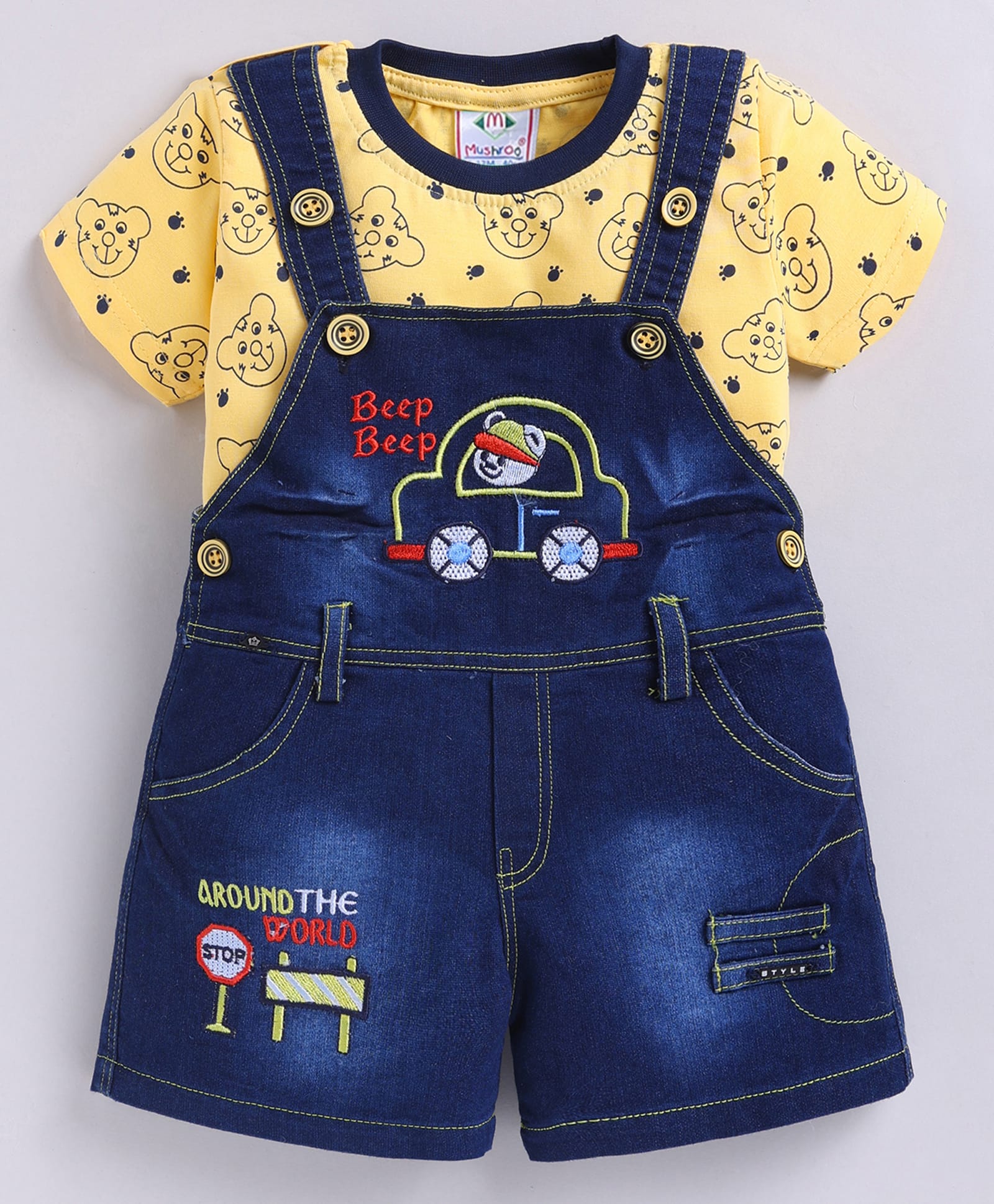 MUSHROO Denim Knit Half Sleeves Tee & Bear Embroidered Dungarees - Yellow-picture-14
