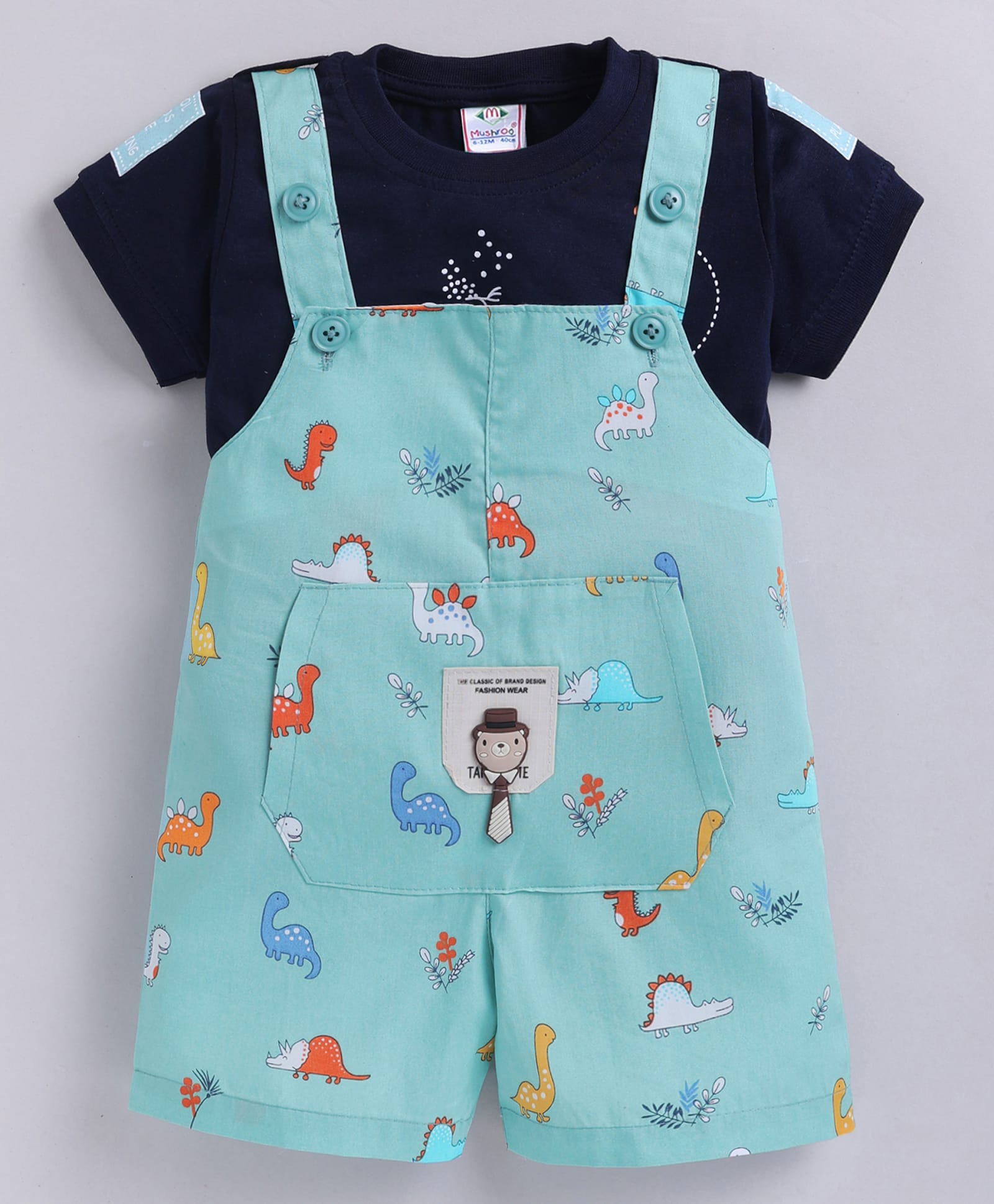 MUSHROO Textile Knit Half Sleeves Tee & Dinosaurs Dungarees - Rama Green-image-21