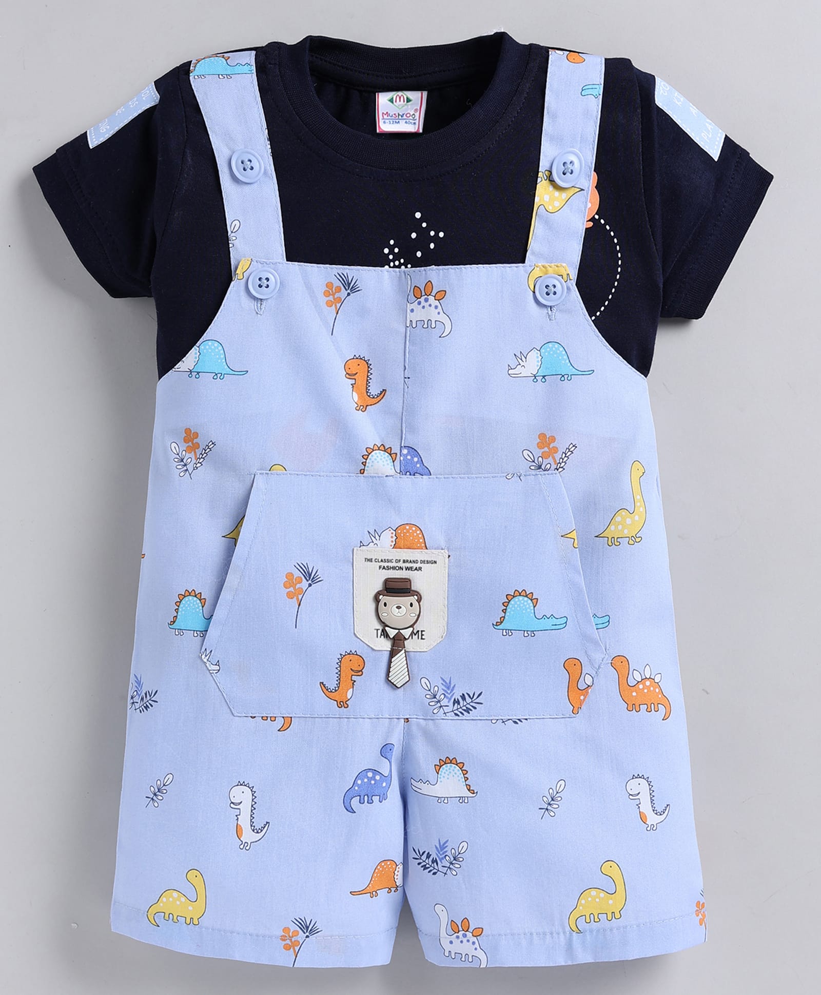 MUSHROO Textile Knit Half Sleeves Tee & Dinosaurs Dungarees - Sky-image-47