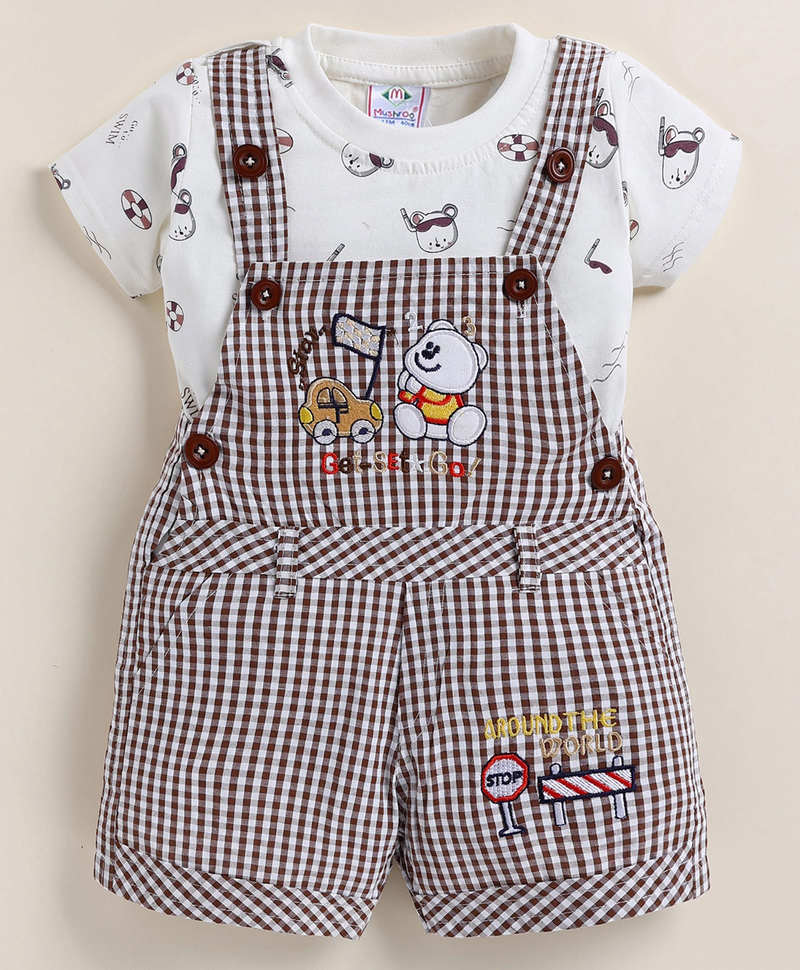 MUSHROO Textile Knit Half Sleeves Tee & Checked Dungarees - Coffee-picture-14