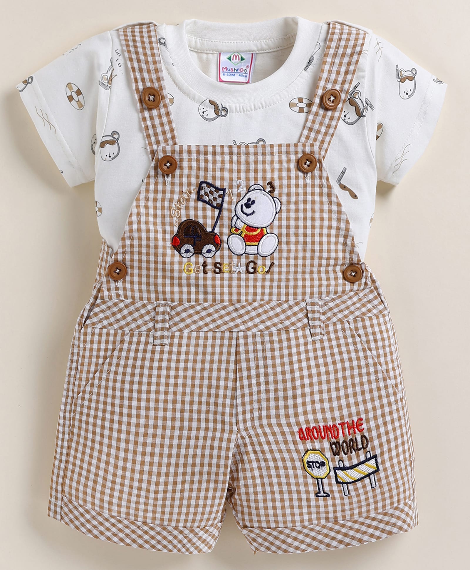 MUSHROO Textile Knit Half Sleeves Tee & Checked Dungarees - Biscuit-image-43
