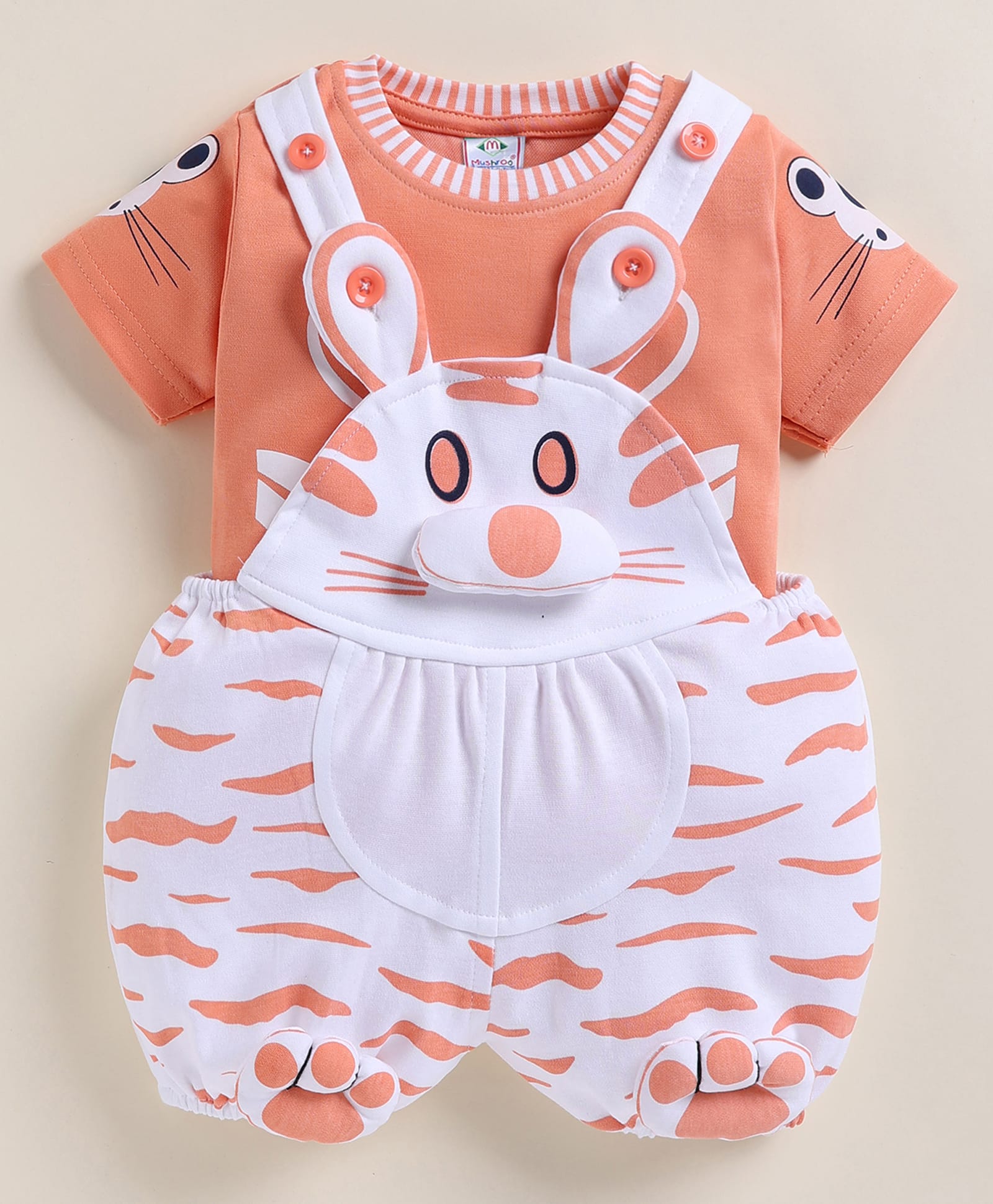 MUSHROO Knitted Knit Half Sleeves Tee & Abstract Printed Dungarees - Peach-picture-19