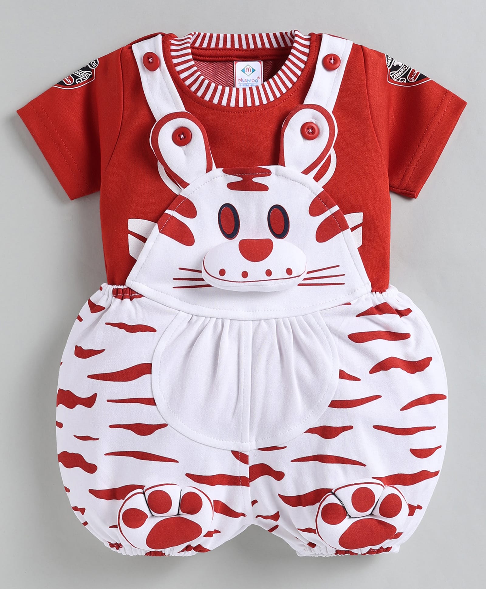 MUSHROO Knitted Knit Half Sleeves Tee & Abstract Printed Dungarees - Red-image-42