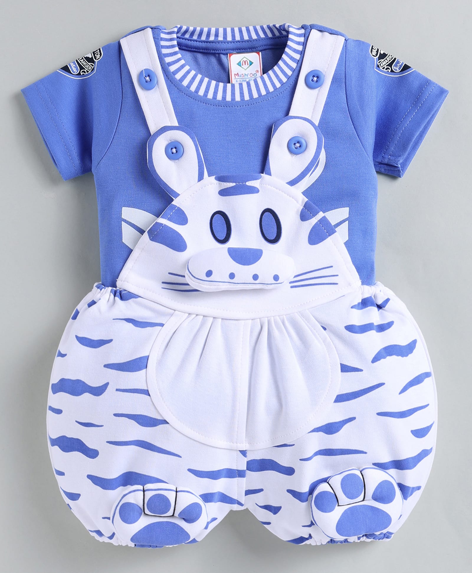 MUSHROO Knitted Knit Half Sleeves Tee & Abstract Printed Dungarees -Blue-image-30