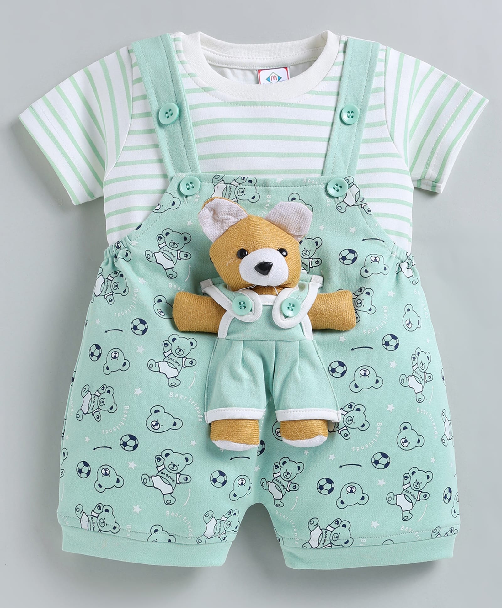 MUSHROO Knitted Knit Half Sleeves Tee & Bear Printed Dungarees - Sea Green-picture-16