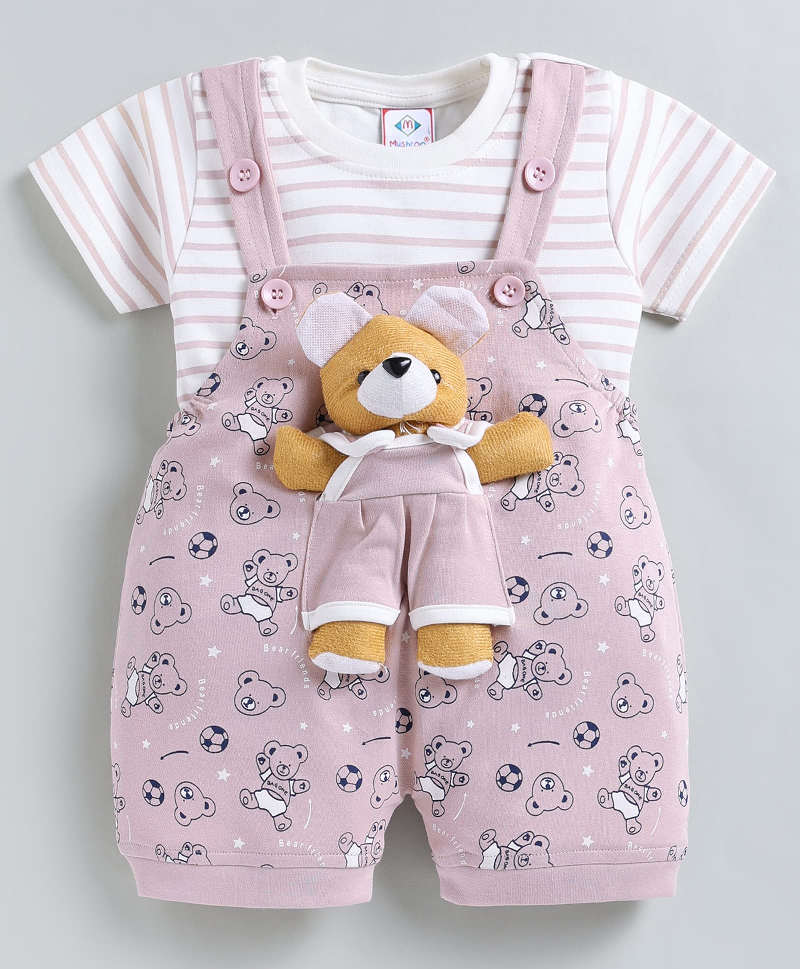 MUSHROO Knitted Knit Half Sleeves Tee & Bear Printed Dungarees - Peach-image-37