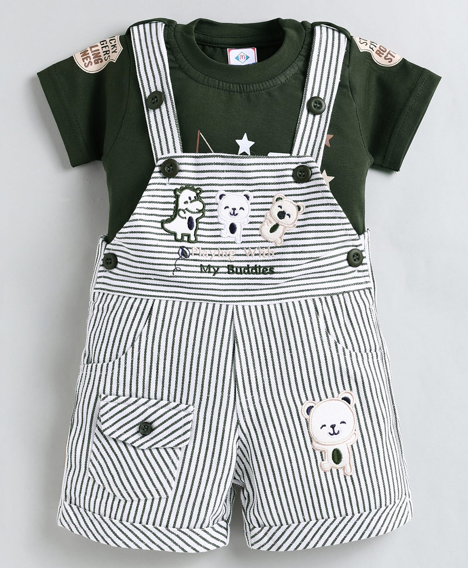 MUSHROO Textile Knit Striped Dungaree With Half Sleeves Boat Printed Tee - Green-image-27