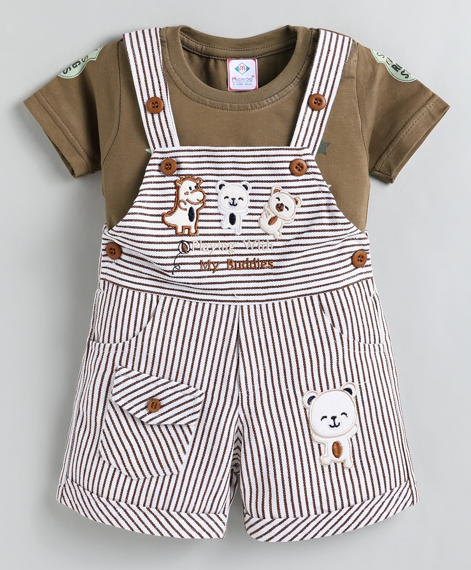 MUSHROO Textile Knit Striped Dungaree With Half Sleeves Boat Printed Tee - Brown-picture-13