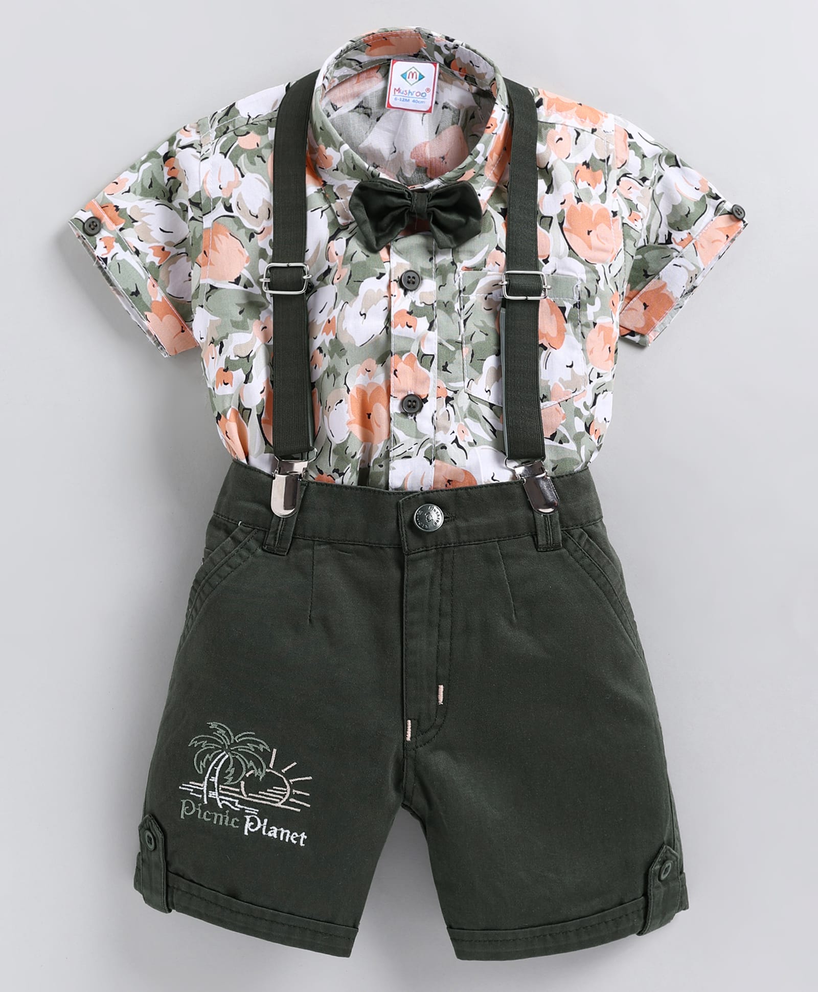 MUSHROO Textile Knit Half Sleeves Floral Printed & Bow Applique Detailed Shirt & Shorts With Suspender - Green-picture-6