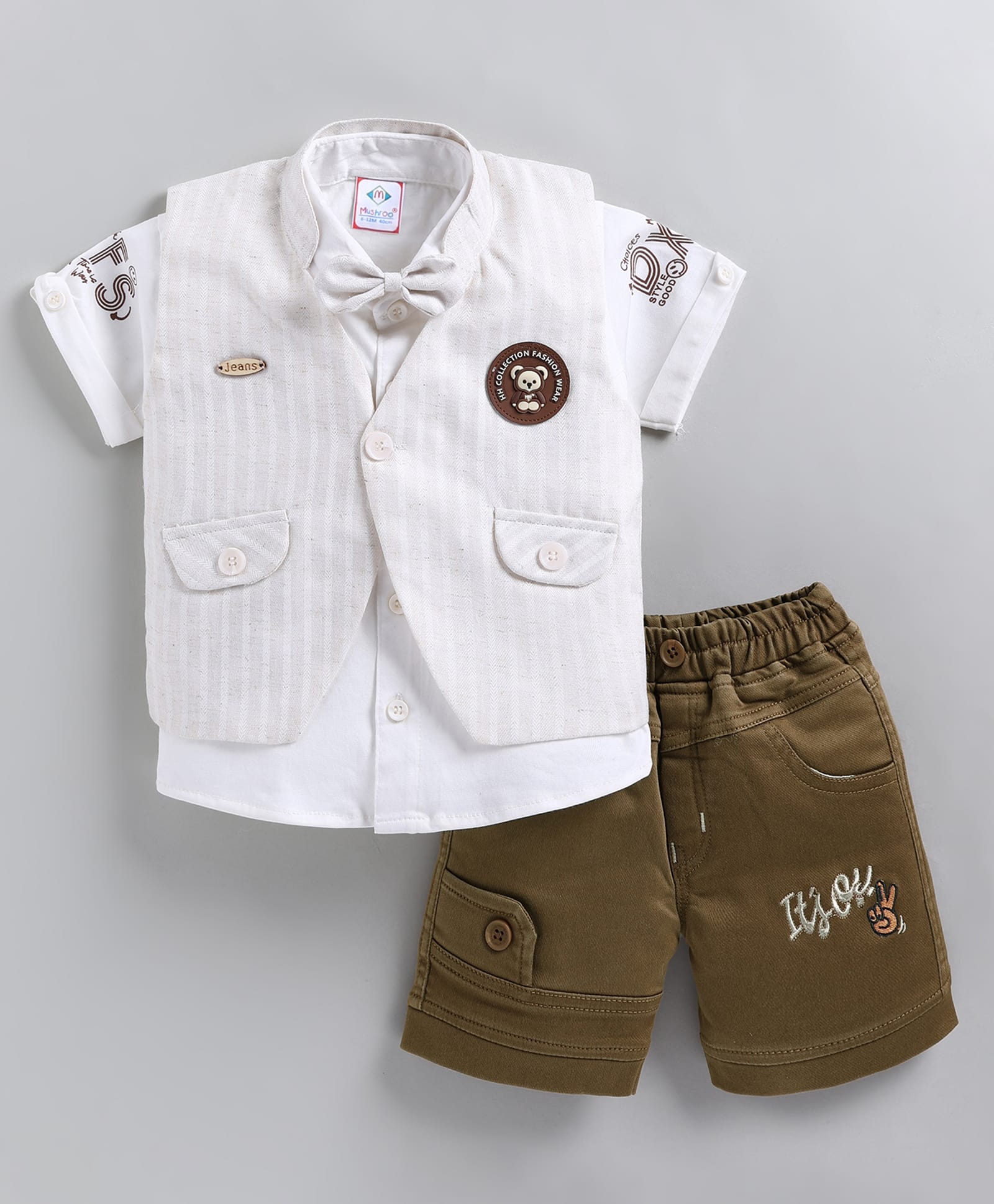MUSHROO Textile Knit Half Sleeves Check Printed Shirt & Shorts With Jacket - Beige-picture-4