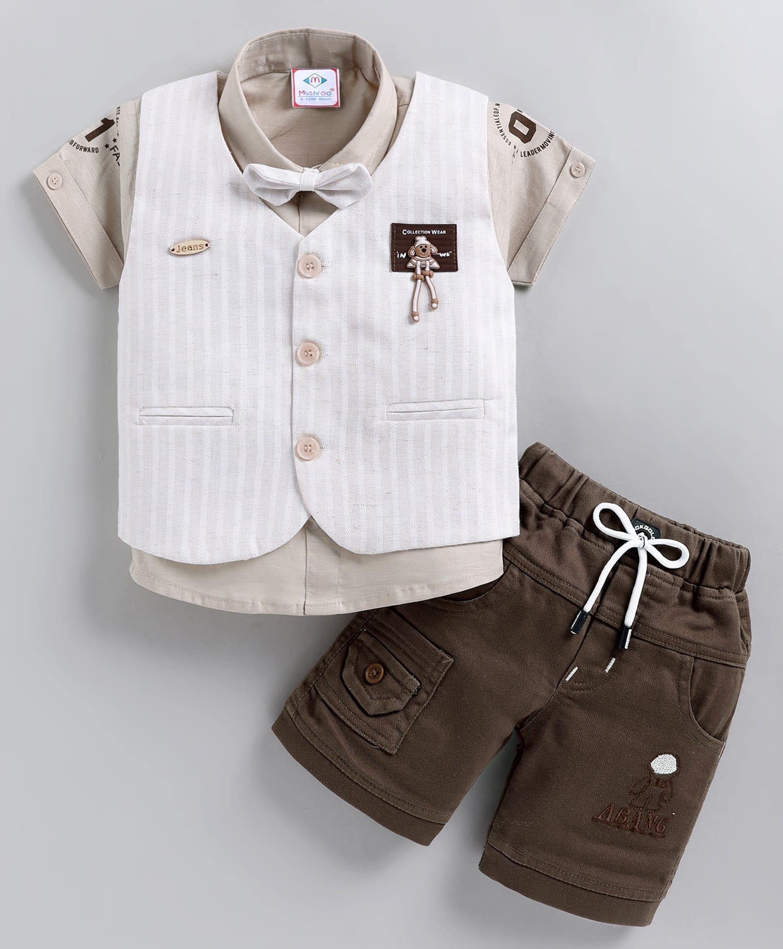 MUSHROO Textile Knit Half Sleeves Shirt & Shorts With Bear Patch Jacket - Beige-image-46