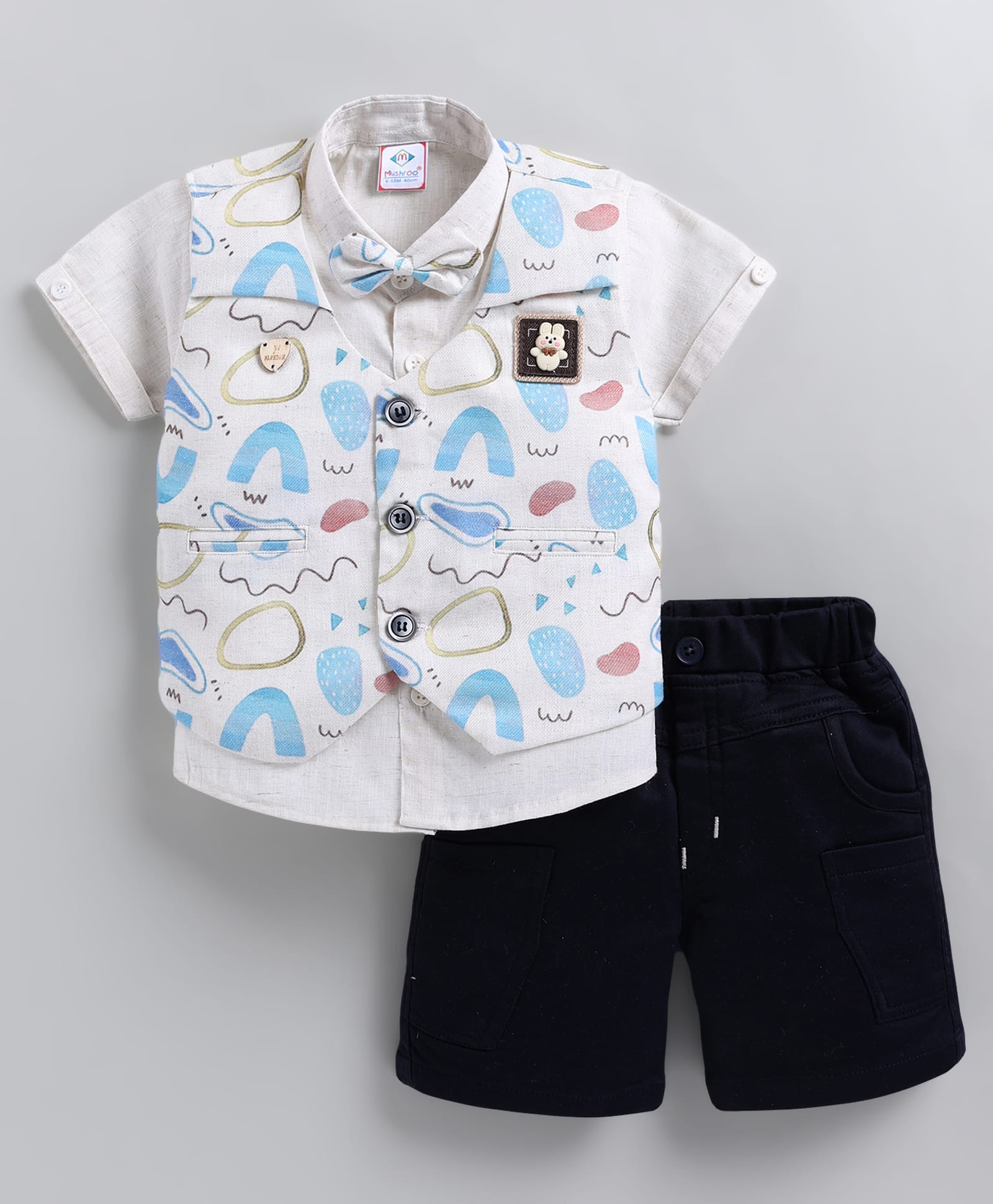 MUSHROO Textile Knit Half Sleeves Shirt & Shorts With Abstract Printed Jacket - Sky-picture-2