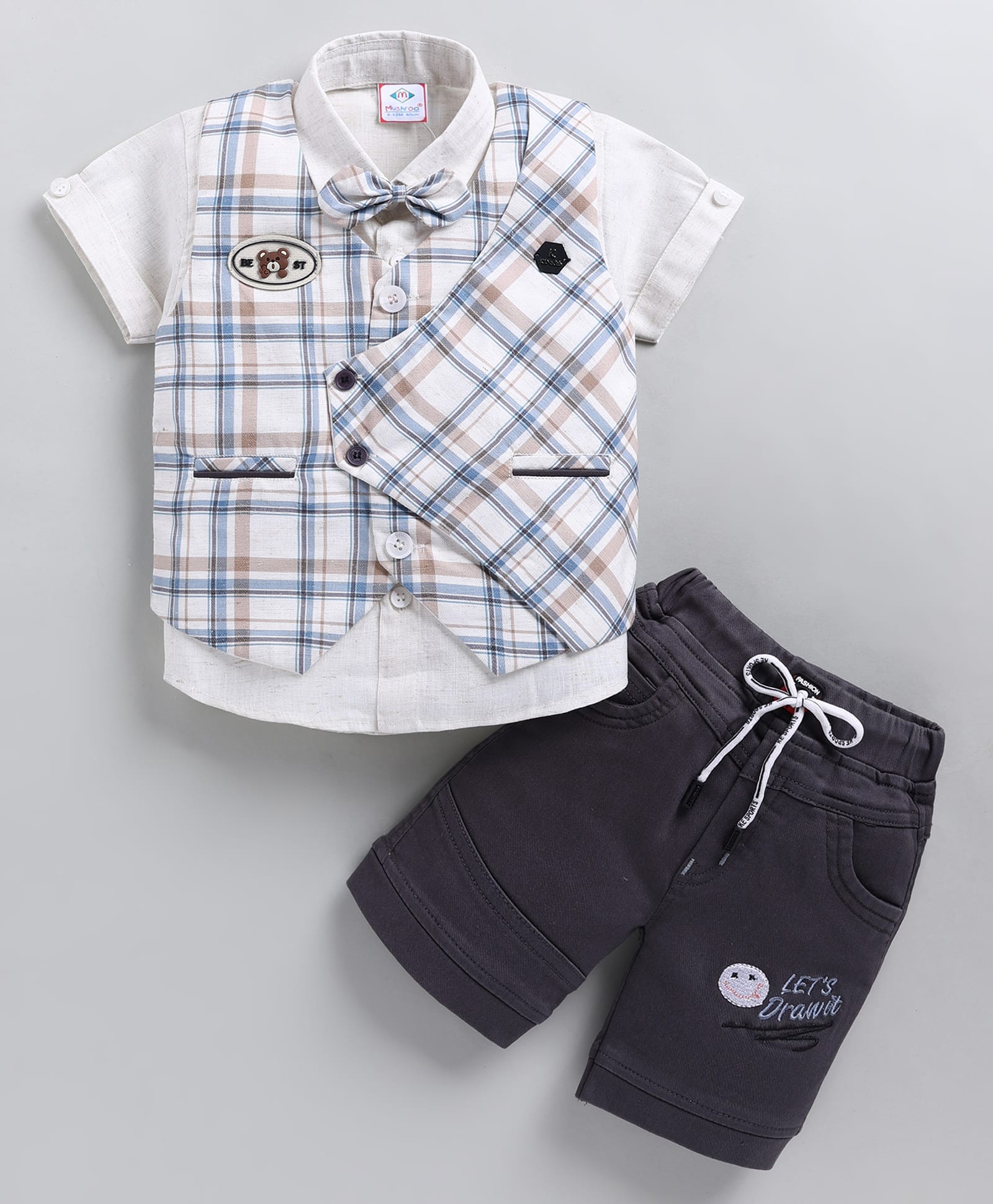 MUSHROO Textile Knit Half Sleeves Shirt & Shorts With Checked Jacket - Grey-picture-8
