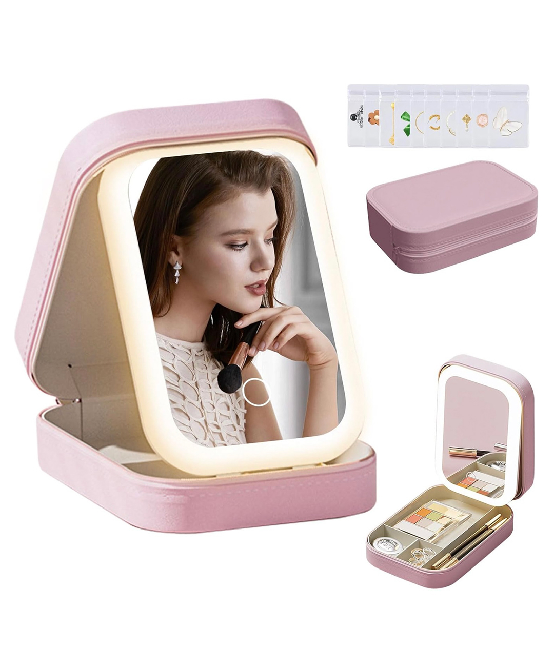ARCADE TOYS LED Lighted Makeup Mirror Jewelry Box Portable 2-in-1 Travel Organizer with Adjustable Lighting, Cosmetic Storage & Rechargeable Battery Compact Vanity Mirror for Women - Multicolour-image-38