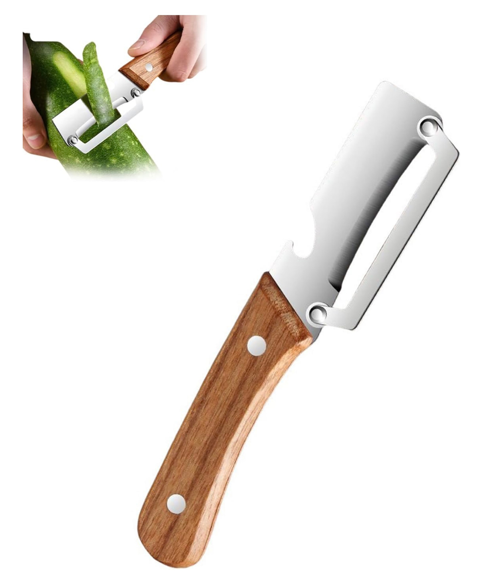 ARCADE TOYS 2-in-1 Multifunctional Vegetable Peeler, Premium Vegetable Peeler with Wooden Handle and Bottle Opener, Kitchen Tool for Fruit Apple Potato Pumpkin Papaya (1PC)-picture-2