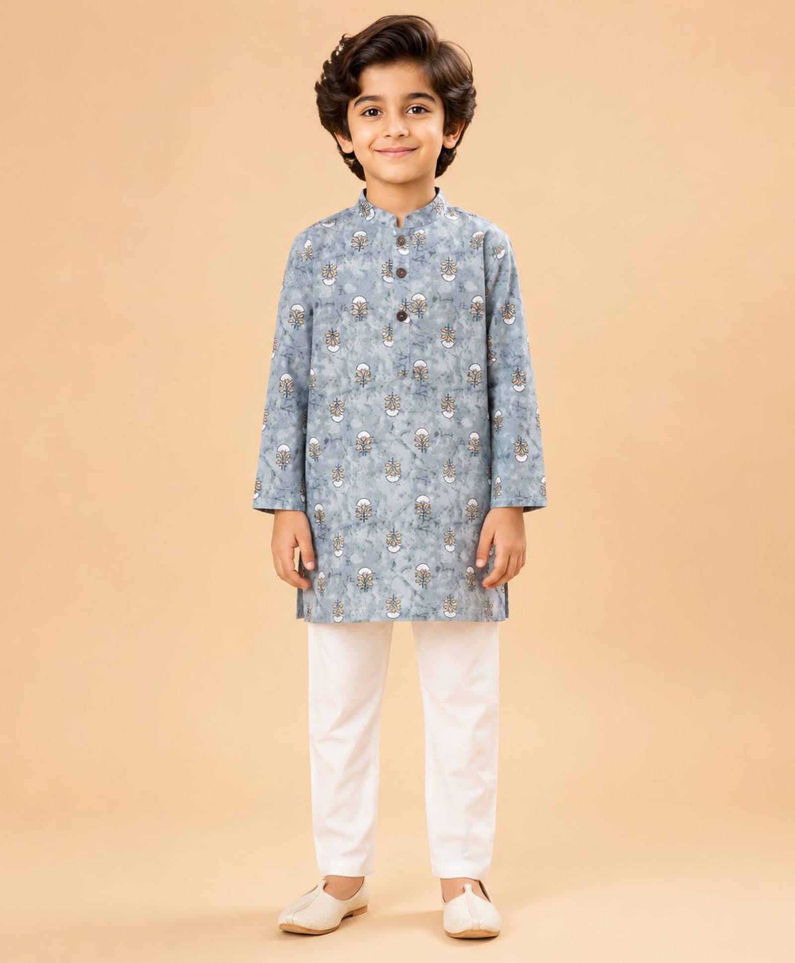The Magic Wand Cotton Woven Floral Printed Full Sleeves Kurta & Pyjama Set - Grey-image-3
