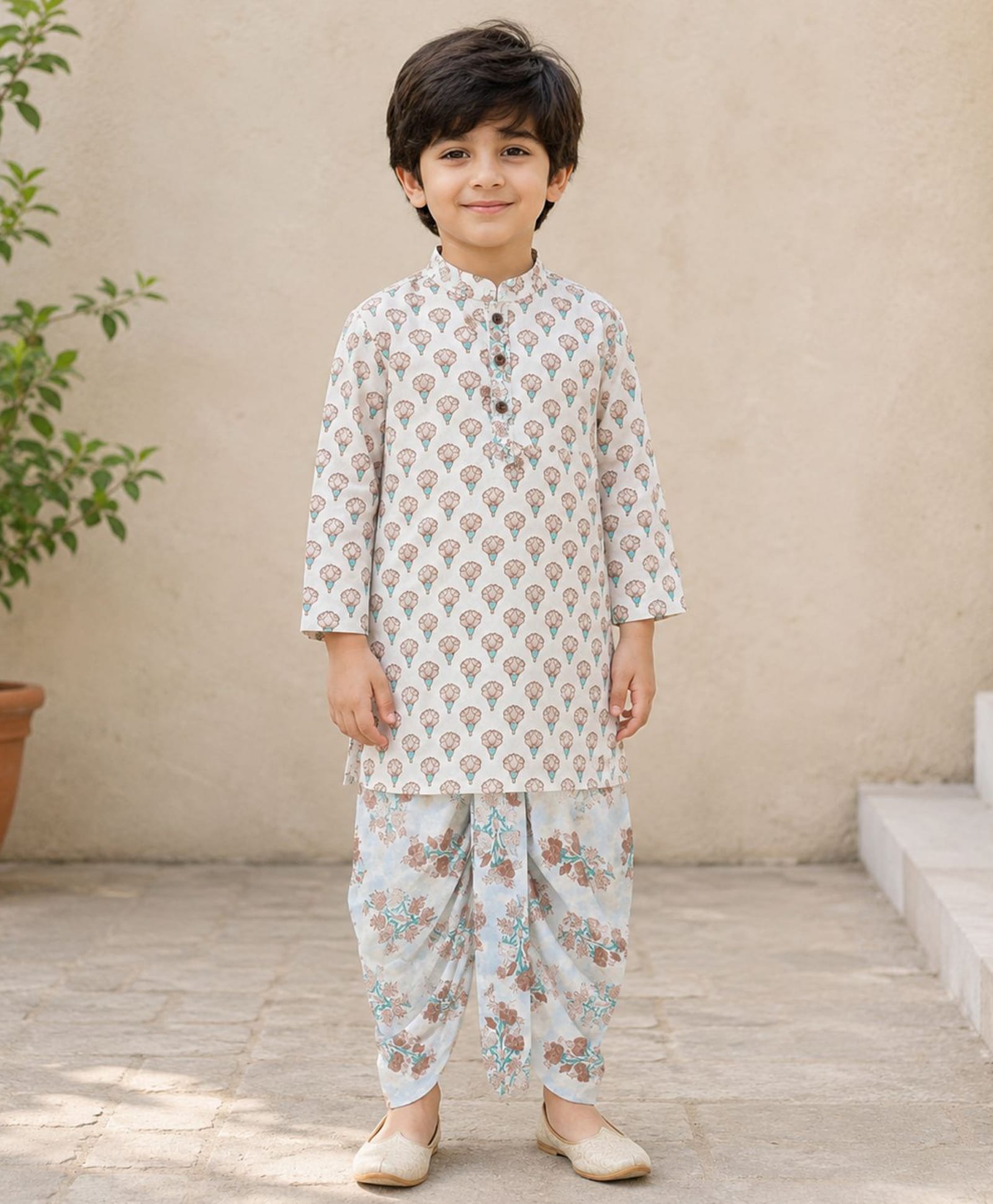 The Magic Wand Cotton Woven Full Sleeves Floral Printed Kurta & Dhoti Set - Green-image-17