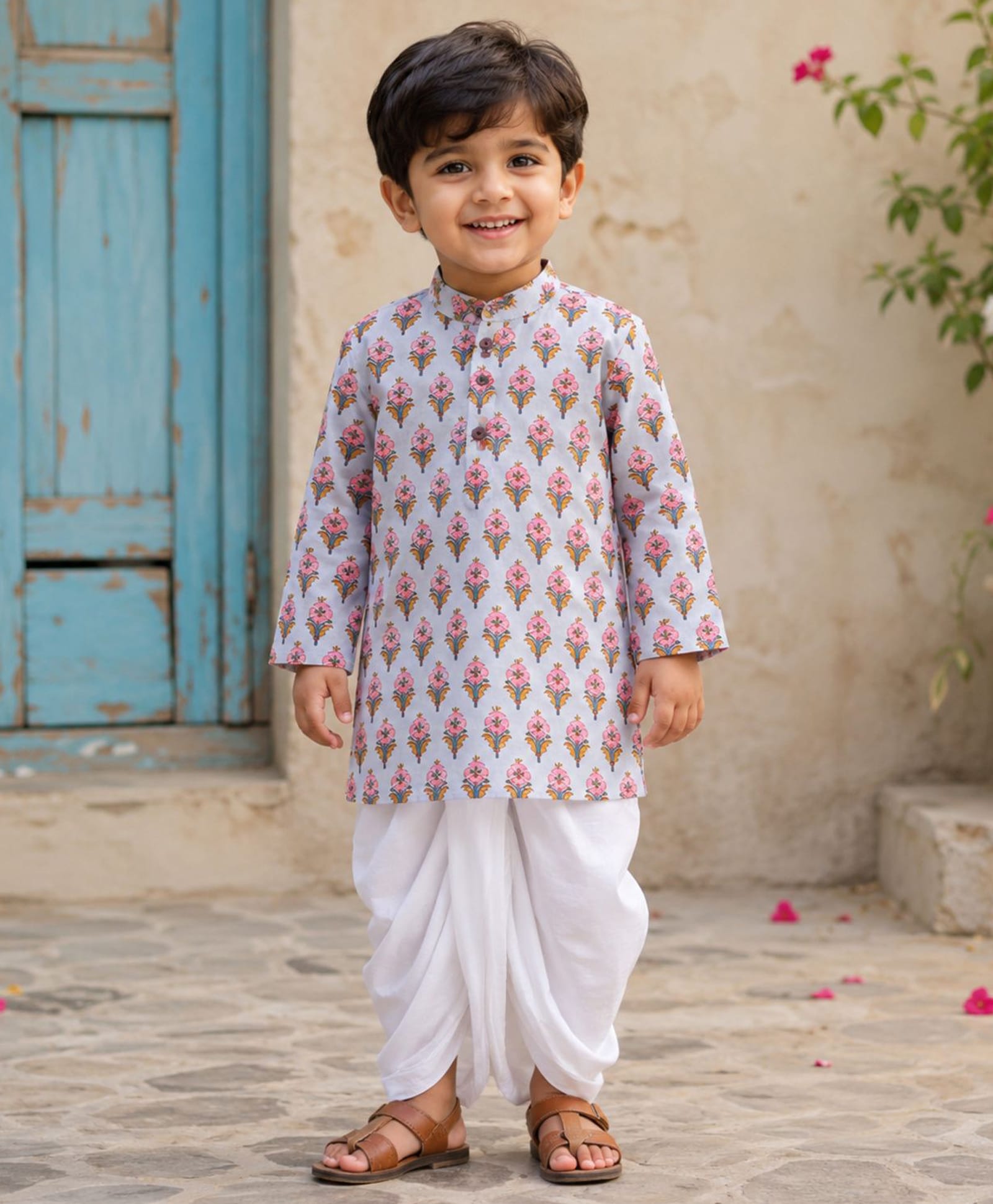 The Magic Wand Cotton Woven Full Sleeves Floral Printed Kurta & Dhoti Set - Blue-picture-25