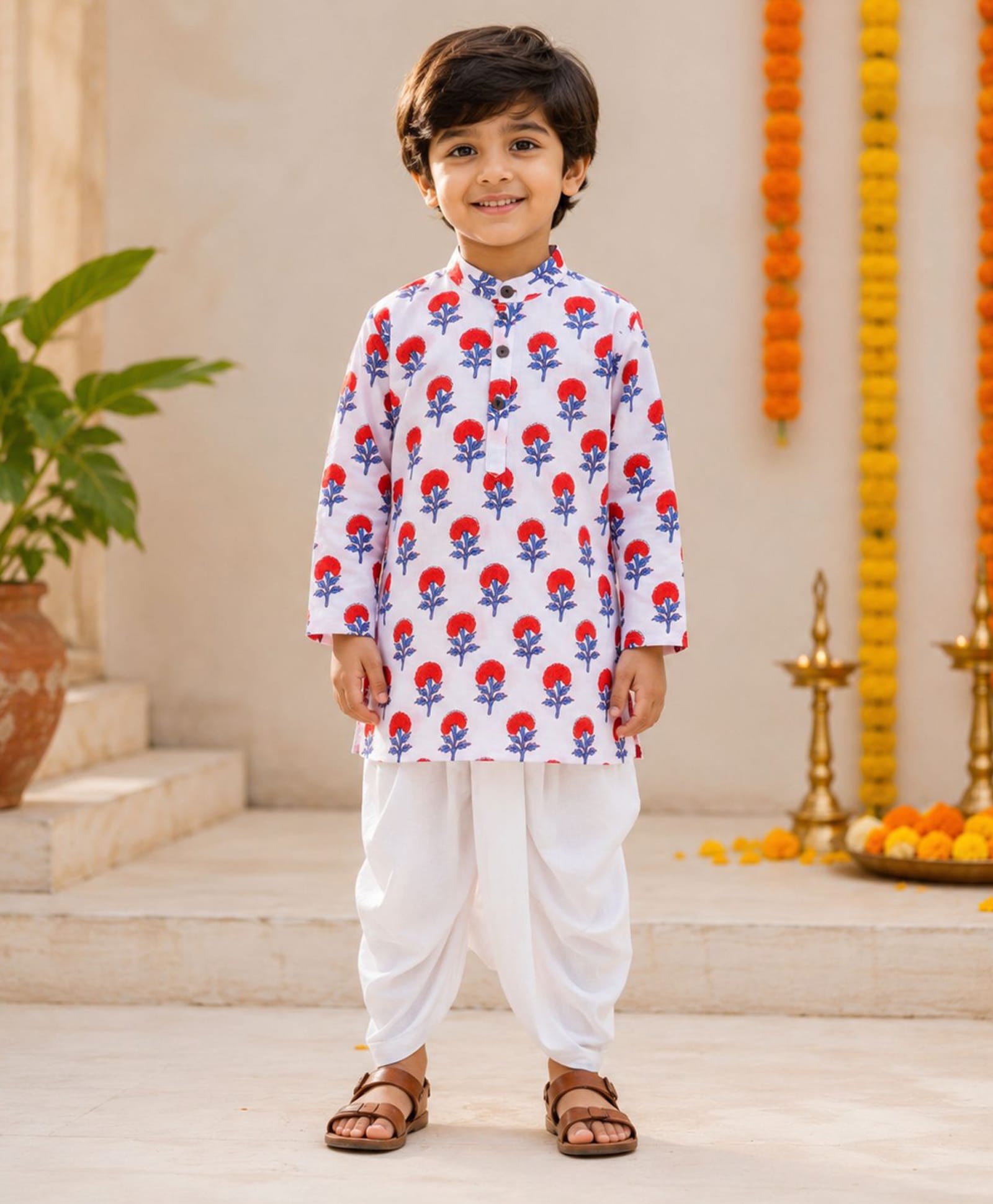 The Magic Wand Cotton Woven Full Sleeves Floral Printed Kurta & Dhoti Set - White-picture-49