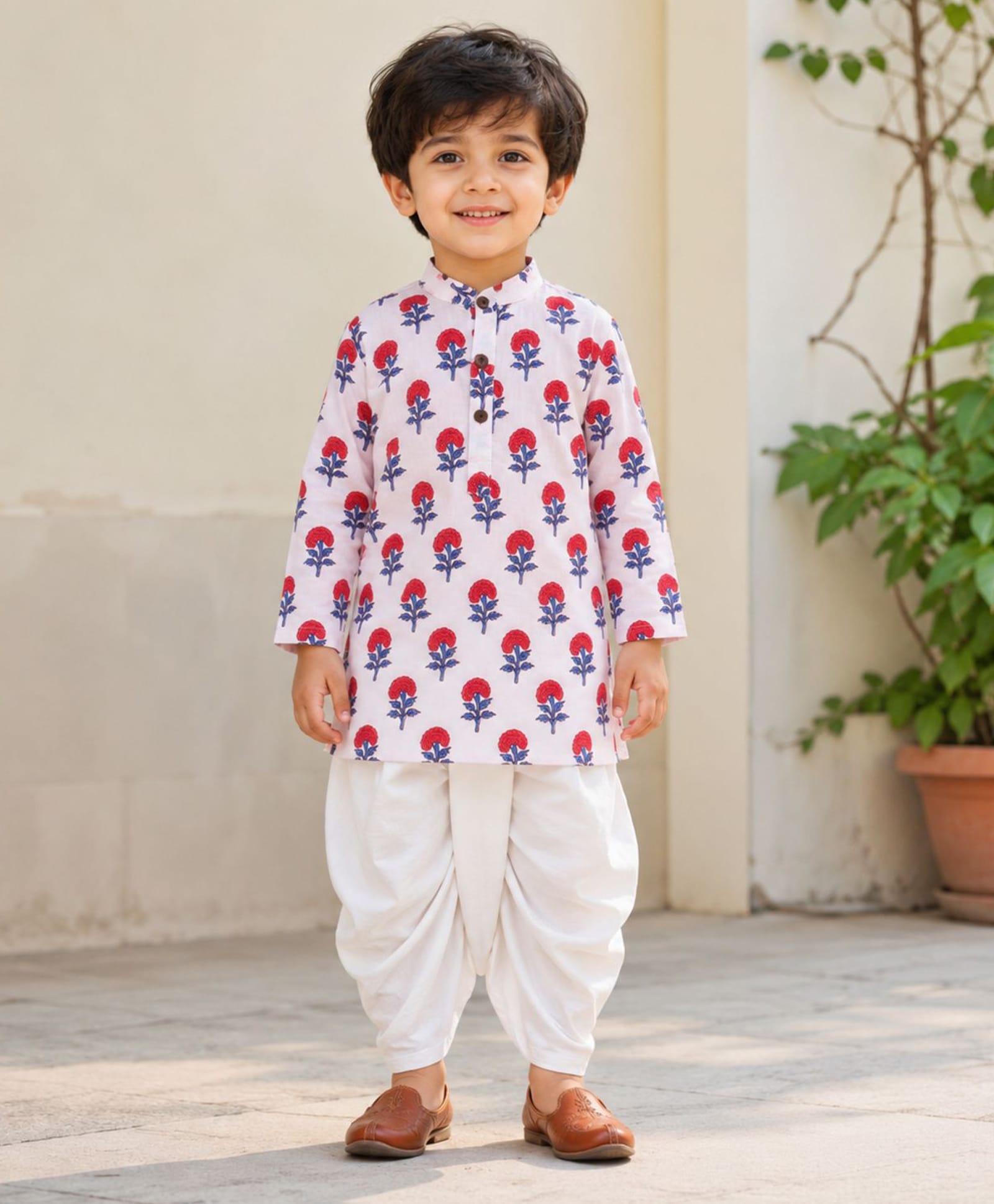 The Magic Wand Cotton Woven Full Sleeves Floral Printed Kurta & Dhoti Set - White-picture-1
