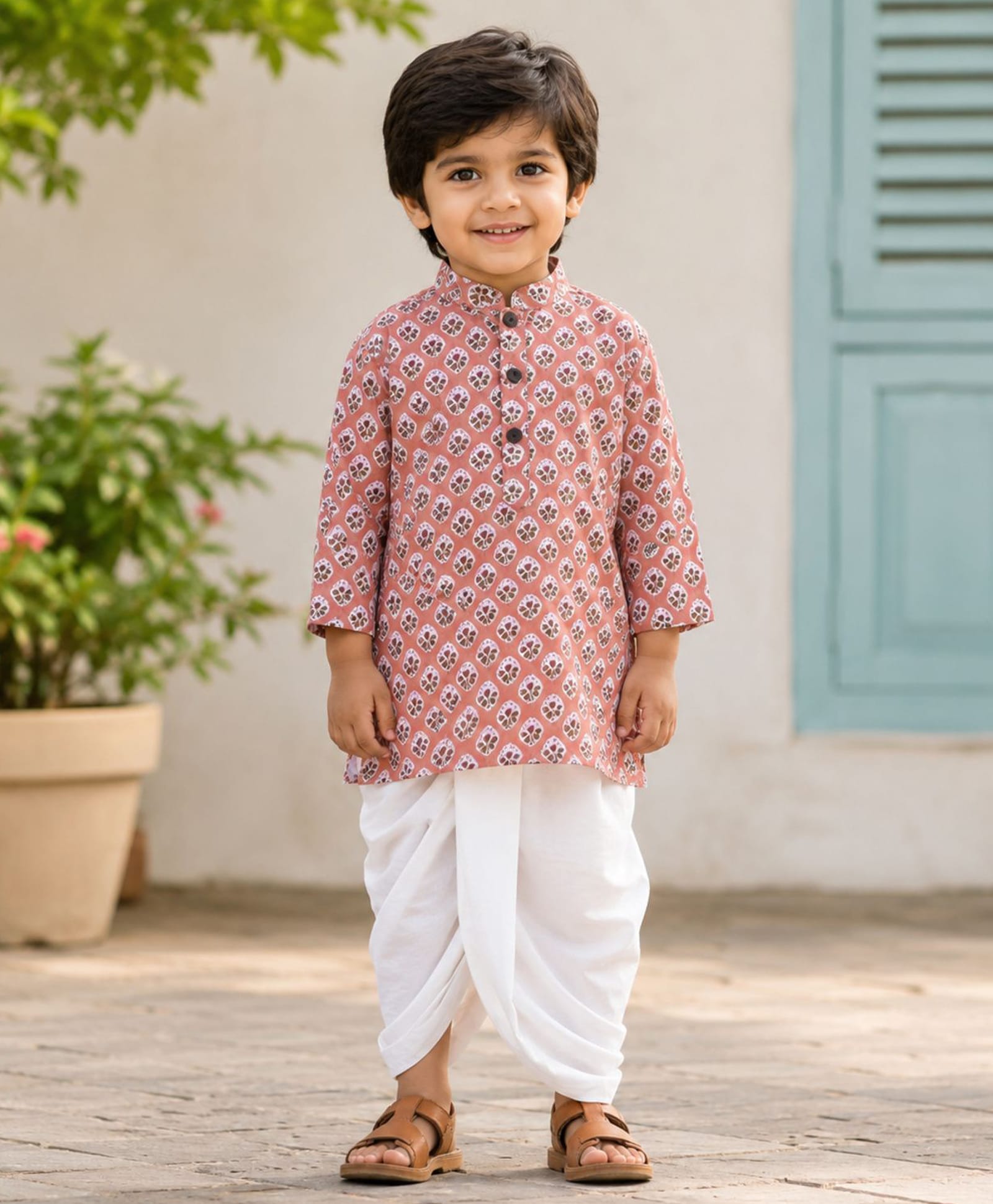 The Magic Wand Cotton Woven Full Sleeves Floral Printed Kurta & Dhoti Set - Peach-picture-24