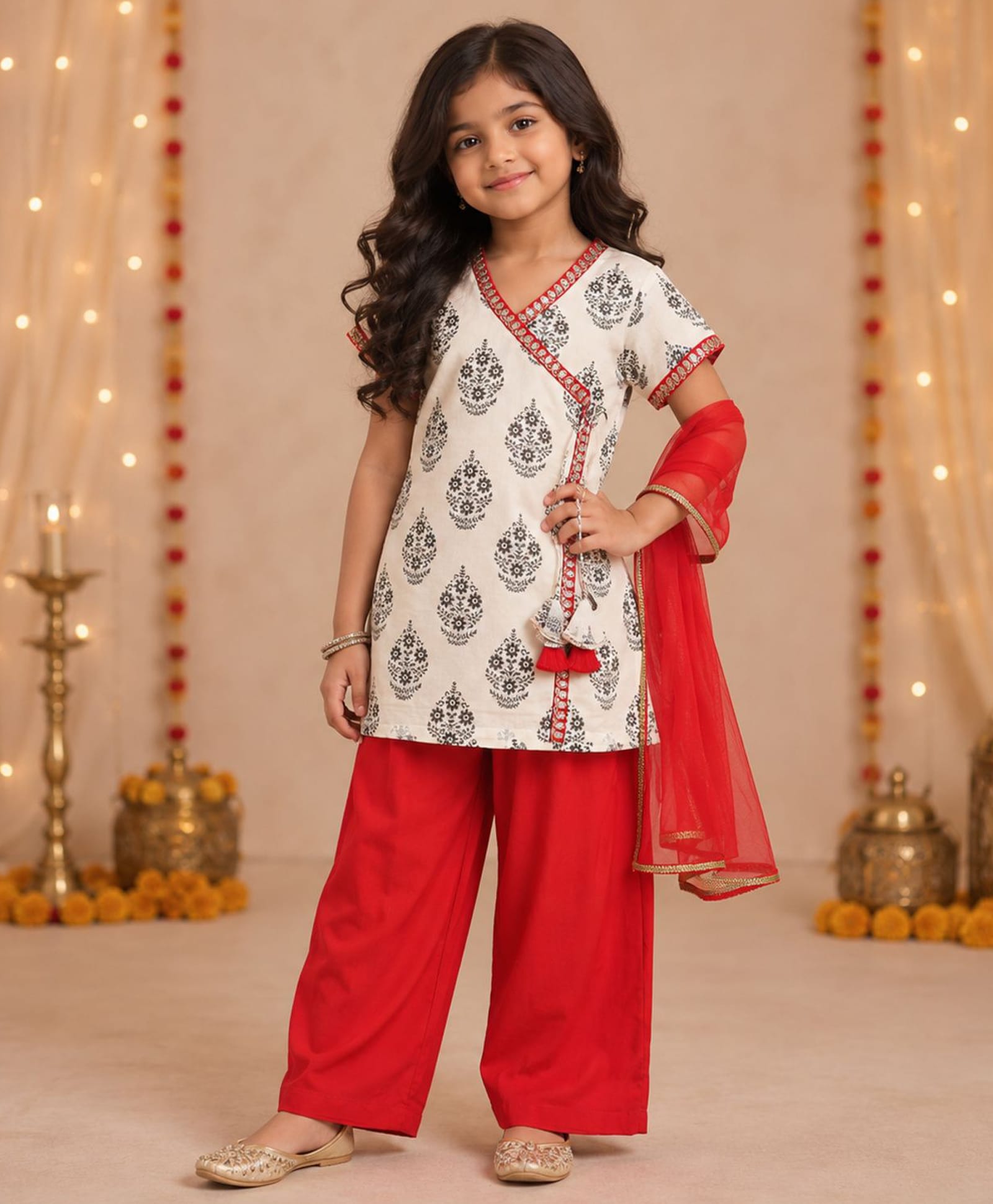 The Magic Wand Woven Half Sleeves Motifs Kurti & Salwar Set With Dupatta - Off White-image-14
