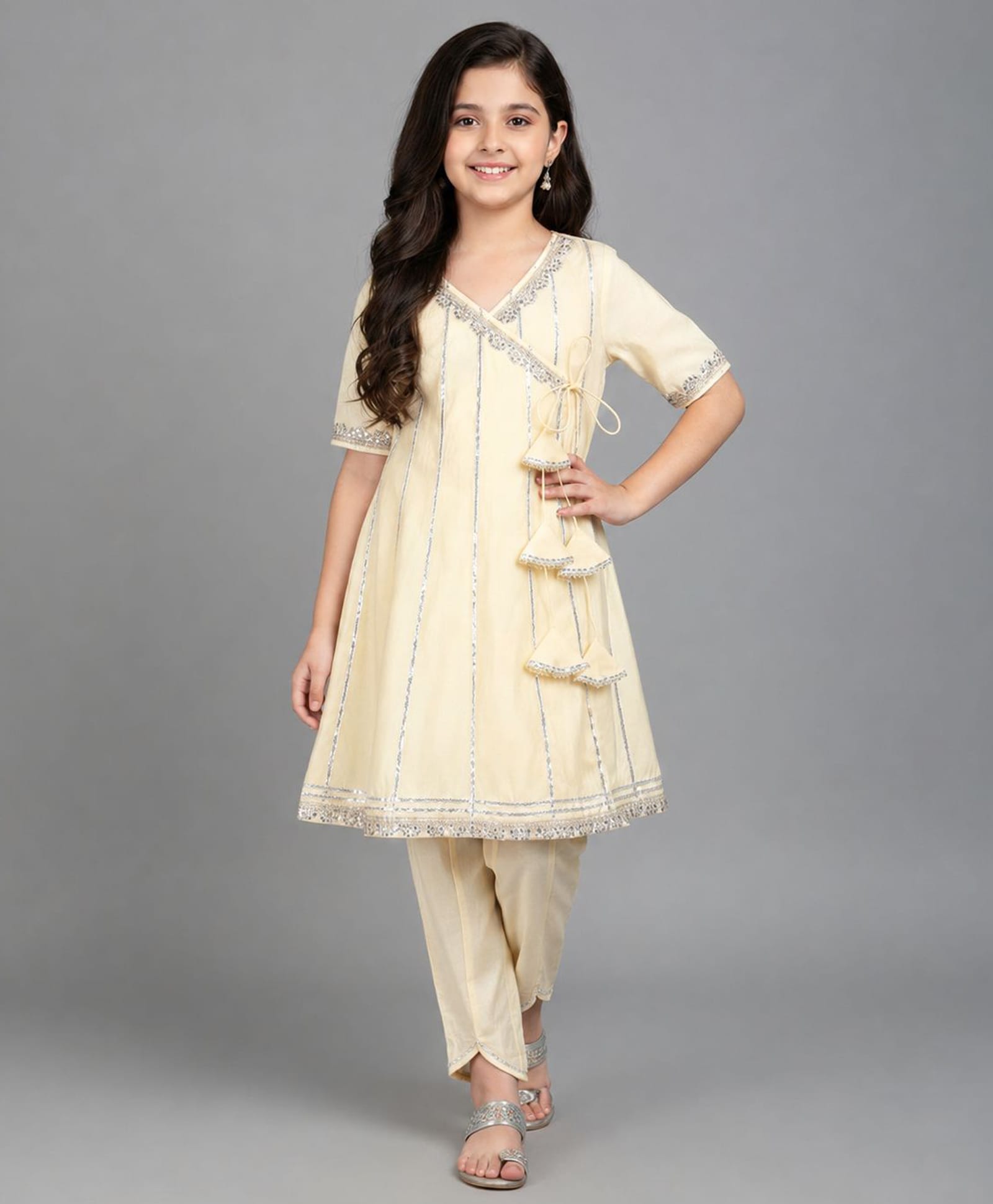 The Magic Wand Woven Three Fourth Sleeves Zari Work Detailed Angrakha Style Kurti & Pant Set - Yellow-picture-38
