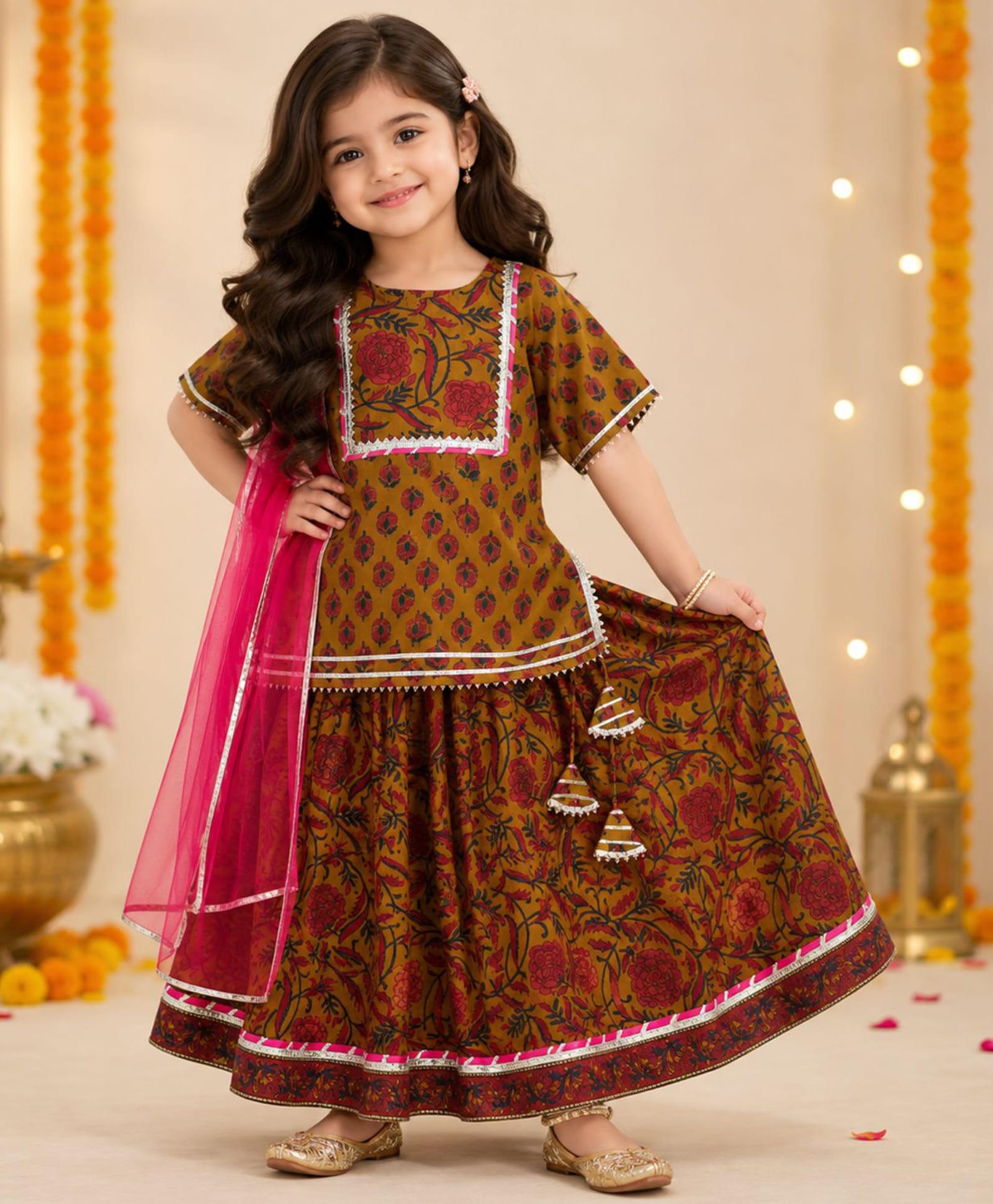 The Magic Wand Cotton Woven Half Sleeves Floral Printed Kurti & Lehenga Set With Dupatta - Mustard-image-32